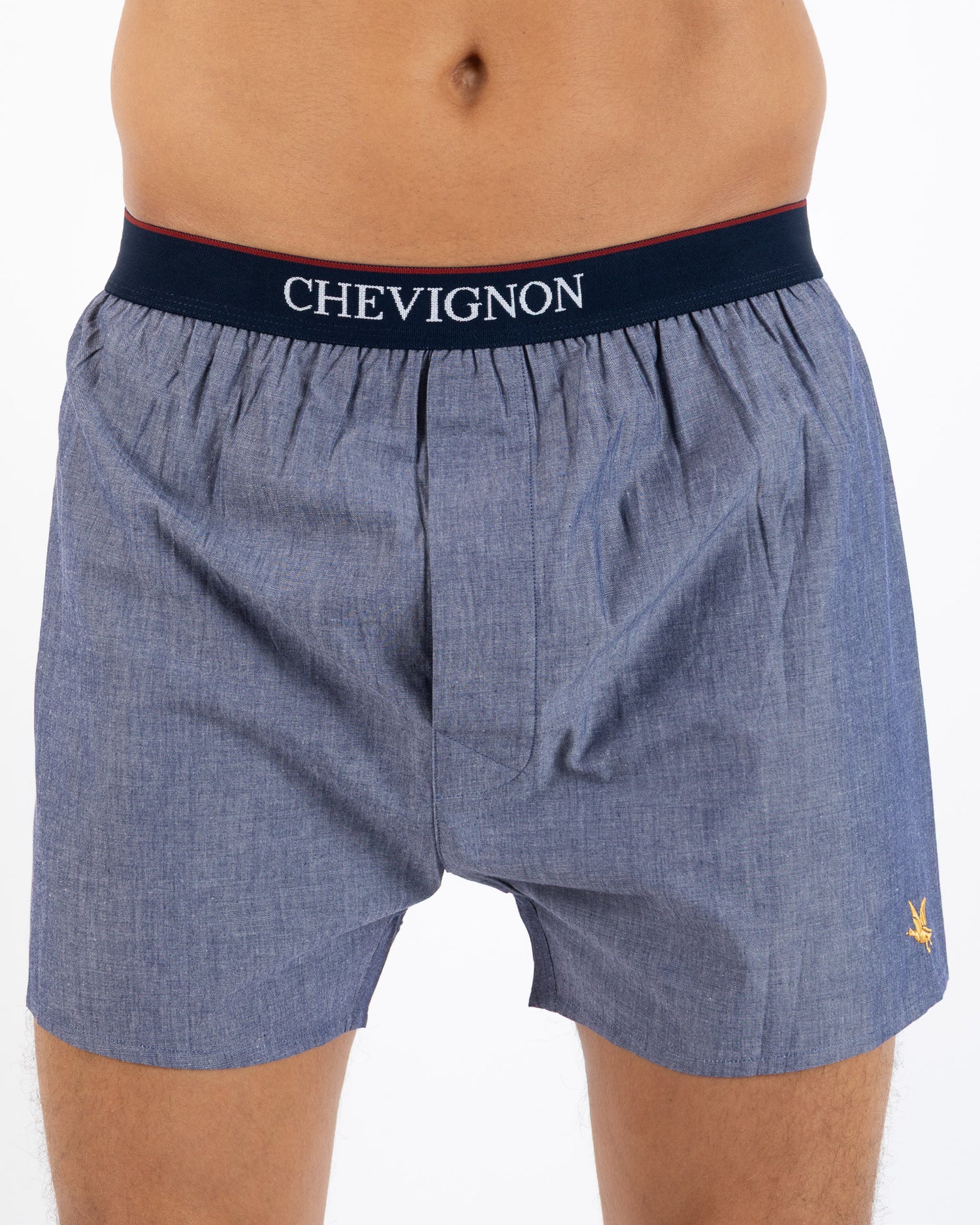 Marineblauwe boxershorts met ingebouwde slip van puur katoenen poplin met microstippen. H365