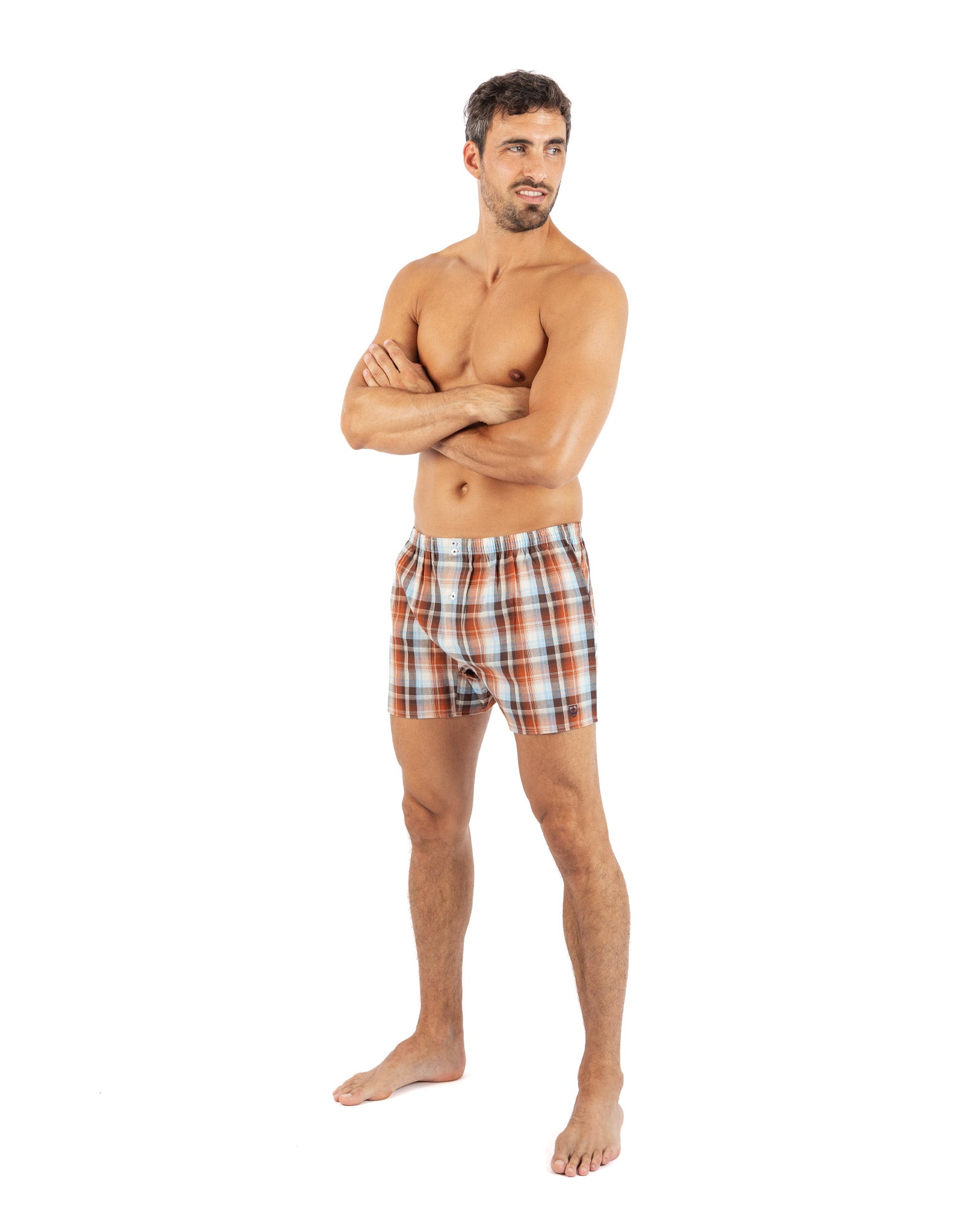 Marineblauwe boxershorts met ingebouwde slip van puur katoenen poplin met microstippen. H365