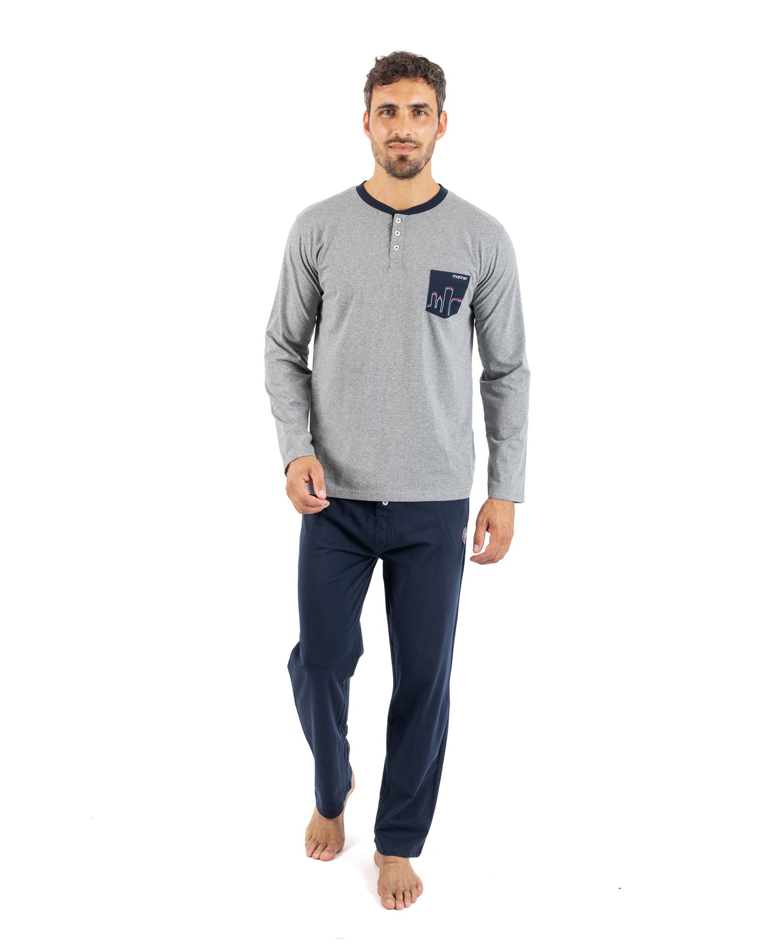 Lange herenpyjama met button-downkraag in gekamde katoenjersey Hemelsblauw en middernachtblauw I473