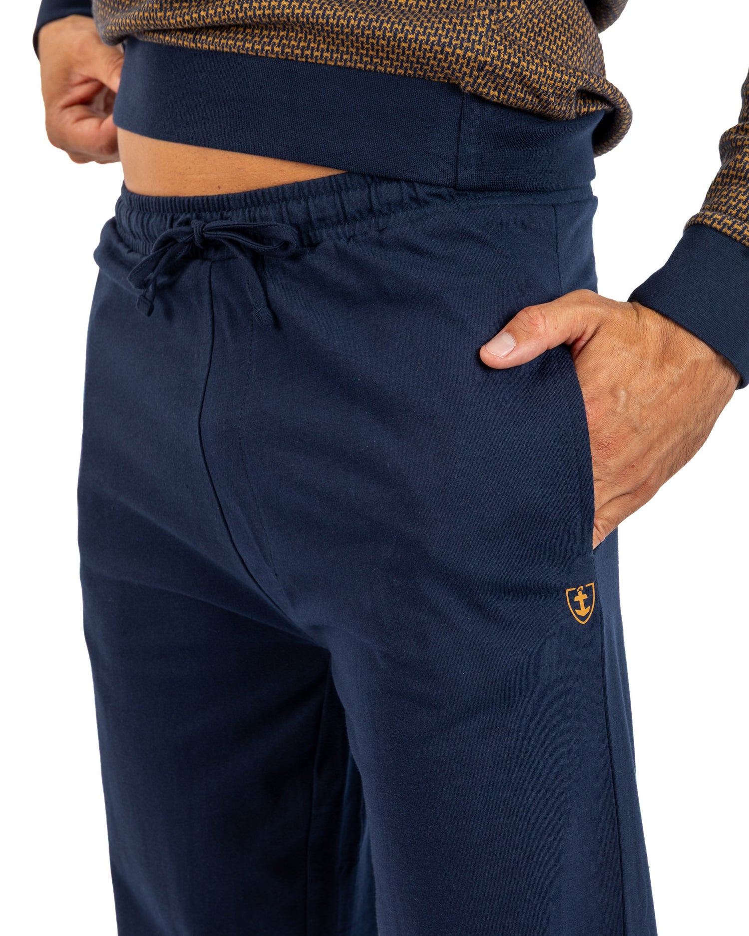 Lange herenpyjama met button-downkraag in gekamde katoenjersey Hemelsblauw en middernachtblauw I473
