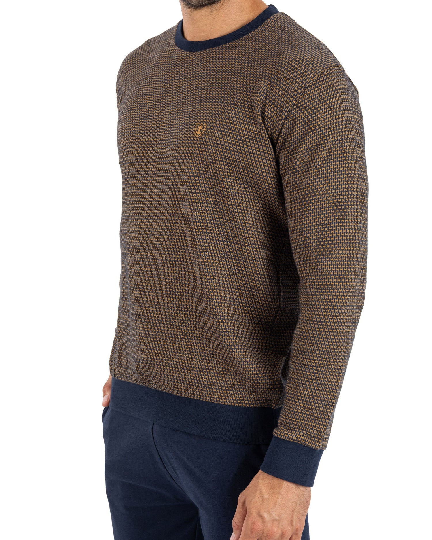 Lange herenpyjama met button-downkraag in gekamde katoenjersey Hemelsblauw en middernachtblauw I473