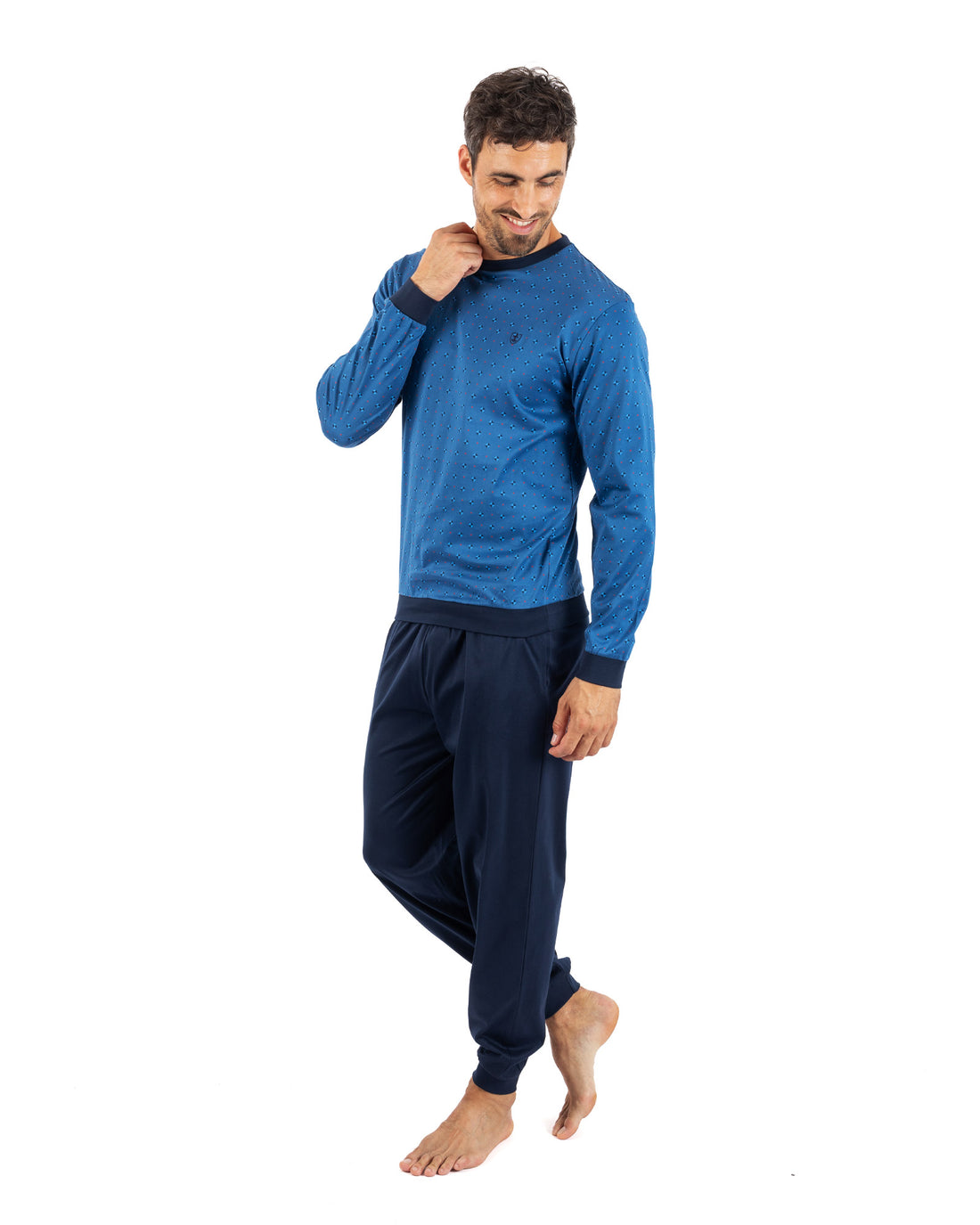 Pyjama long Jogging en Jersey de Coton Mercerisé Imprimé Bleu J461