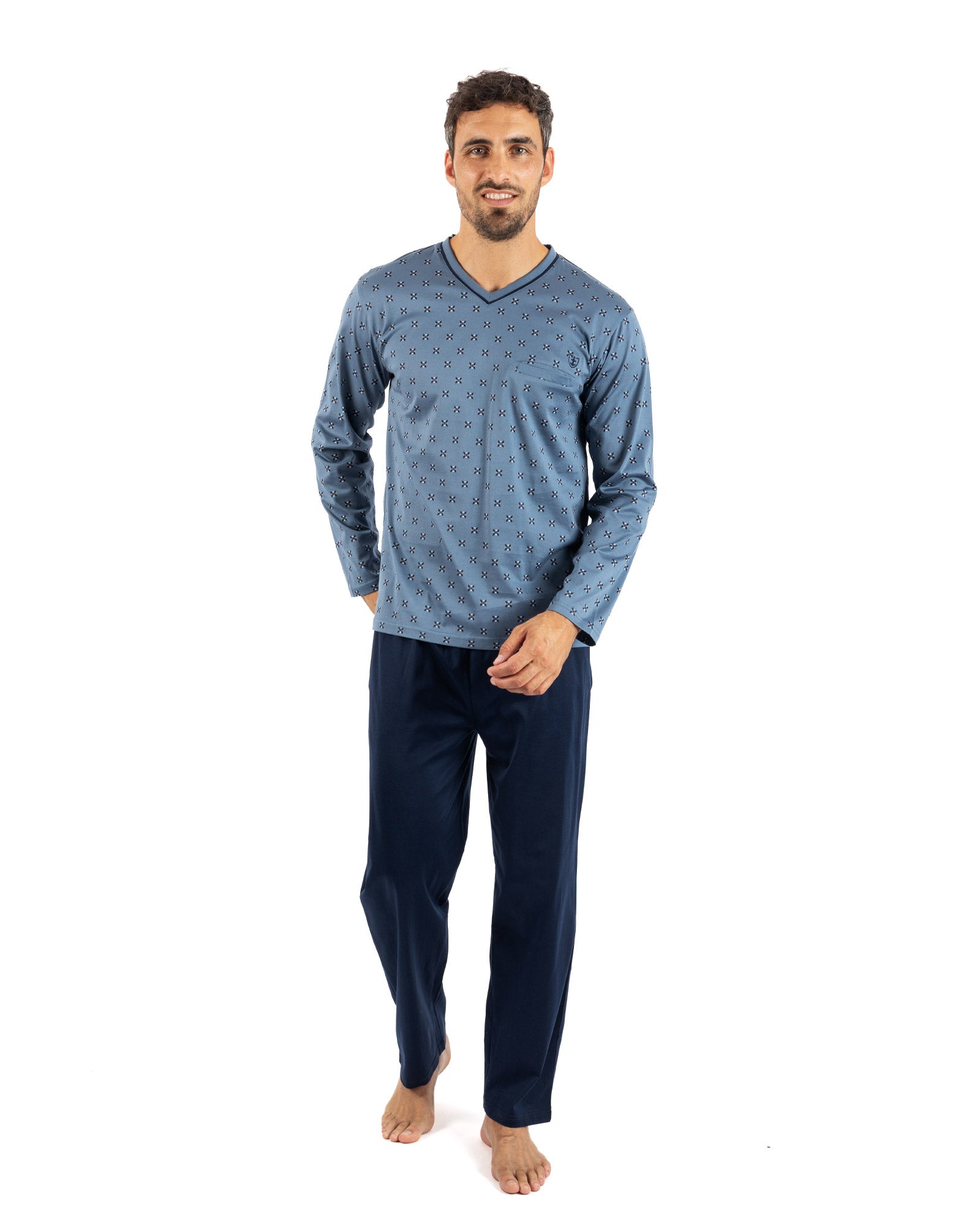 Pyjama met lange V-hals in gemerceriseerd katoen Jersey met print I468