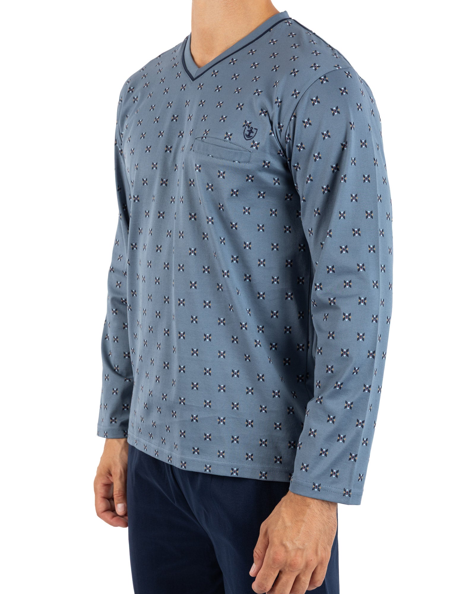 Pyjama met lange V-hals in gemerceriseerd katoen Jersey met print I468
