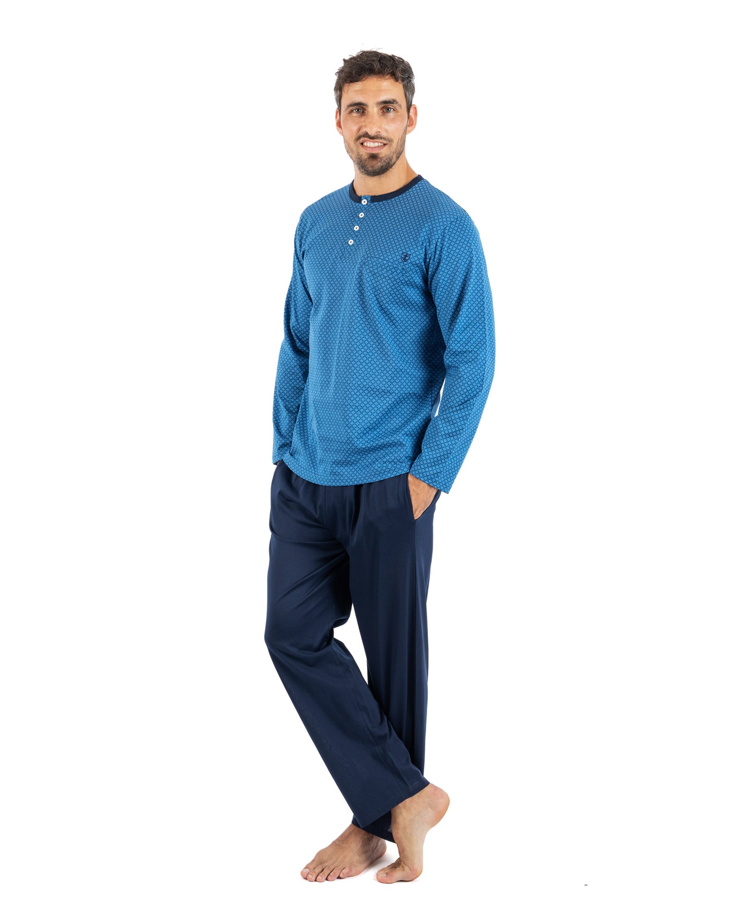 Lange pyjama voor heren met button-down kraag van gemerceriseerde jersey met bordeauxrode print H461