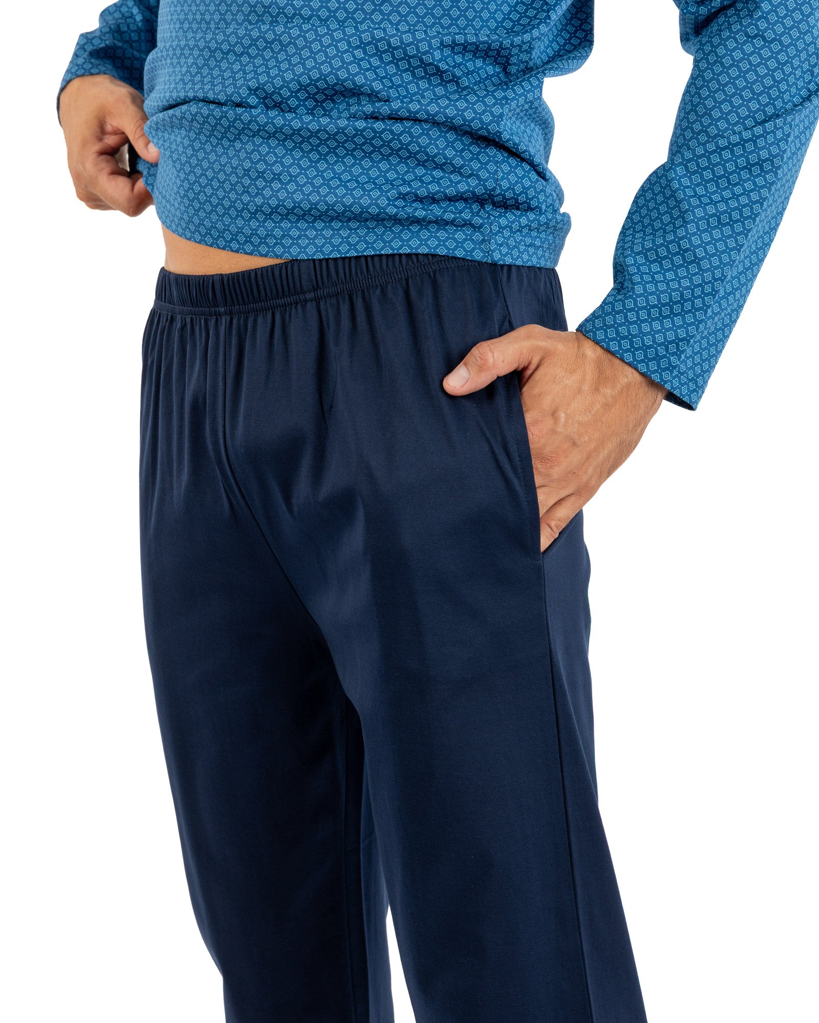 Lange pyjama voor heren met button-down kraag van gemerceriseerde jersey met bordeauxrode print H461