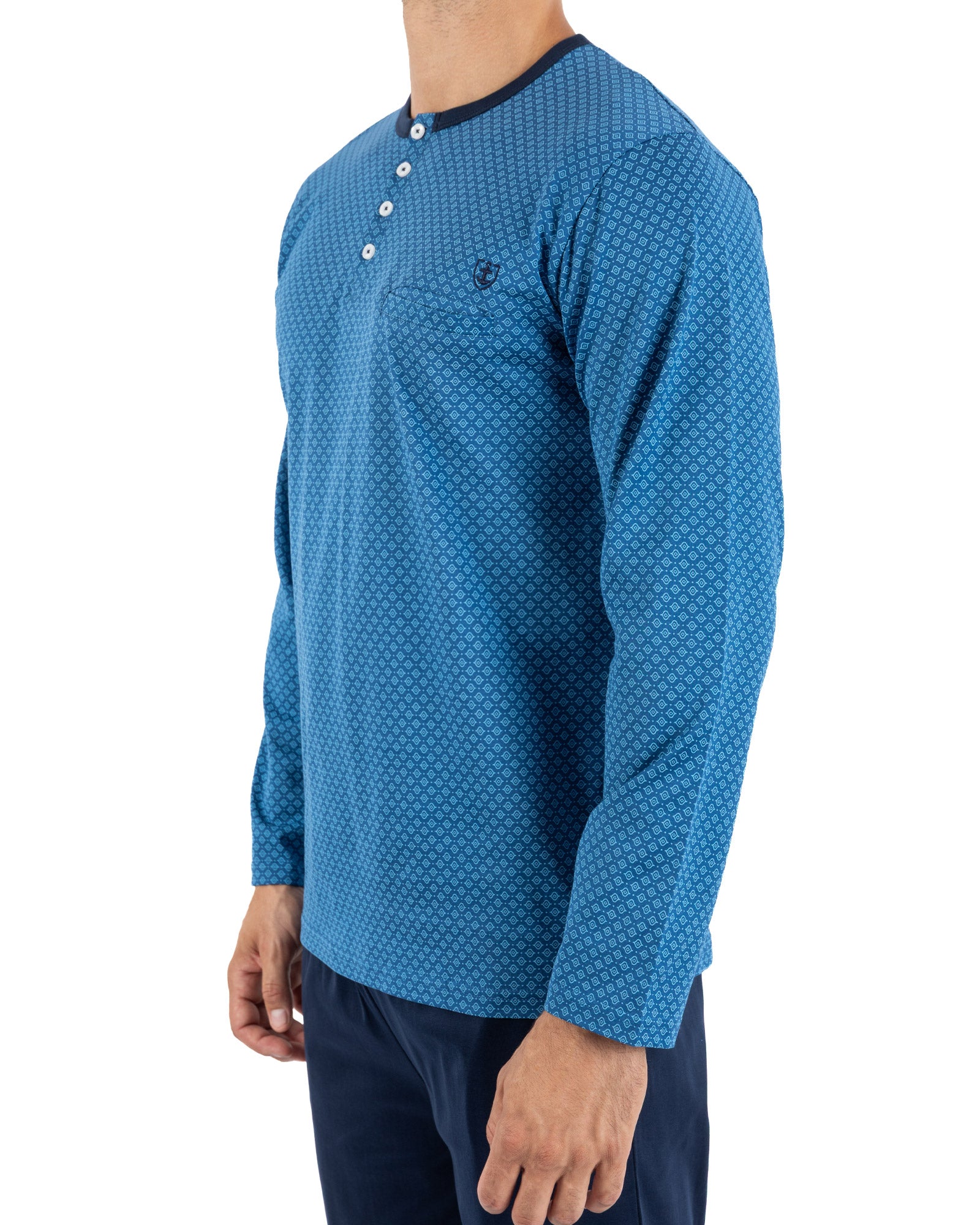 Lange pyjama voor heren met button-down kraag van gemerceriseerde jersey met bordeauxrode print H461