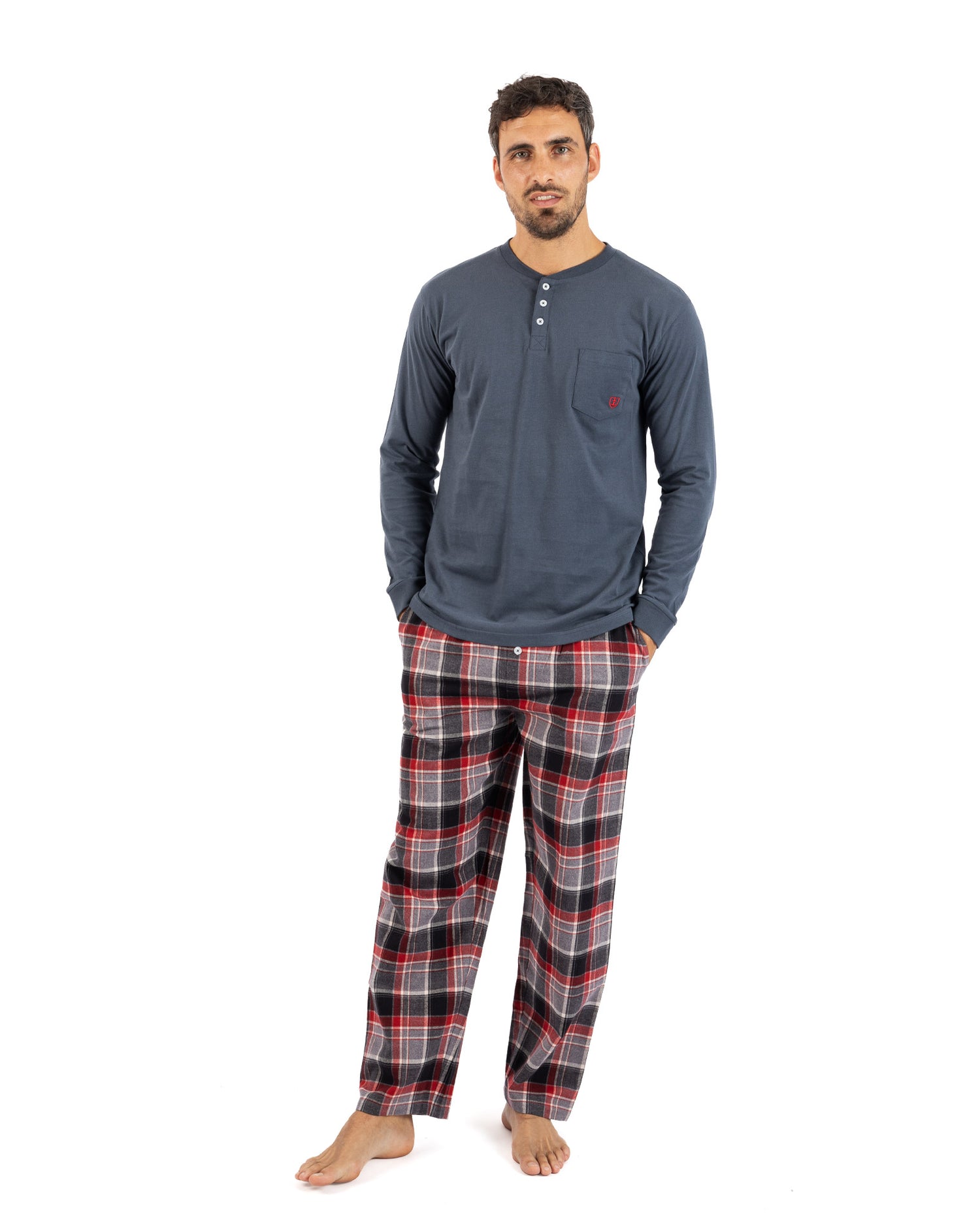 Lange pyjama met knoopsluiting in gemêleerd antracietkleurig katoenen jersey en flanel H420