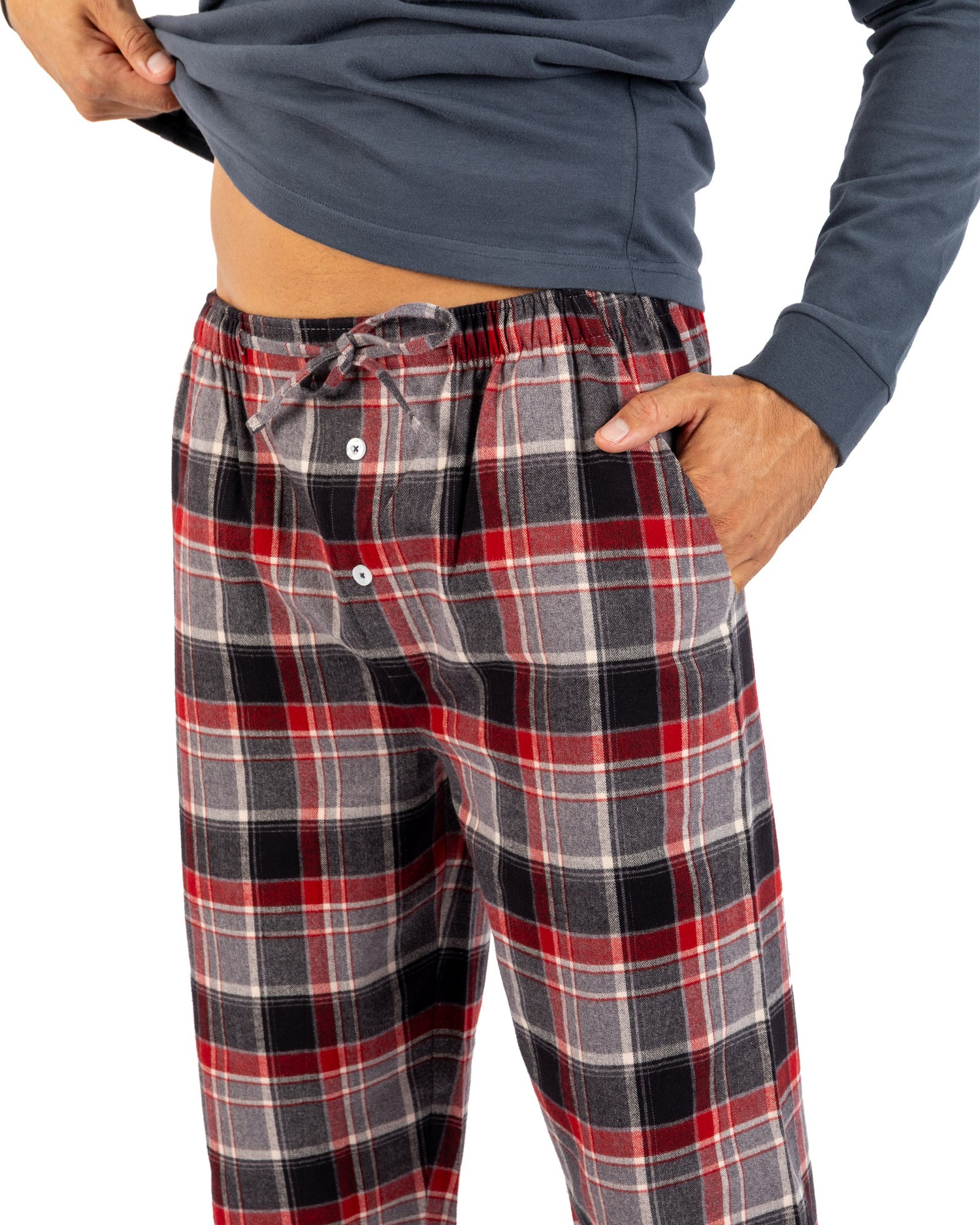 Lange pyjama met knoopsluiting in gemêleerd antracietkleurig katoenen jersey en flanel H420