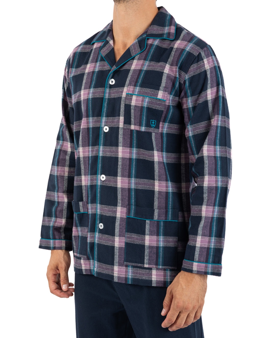 Pyjama Long ouvert en flanelle de pur coton à carreaux écossais Anthracite Marine J472