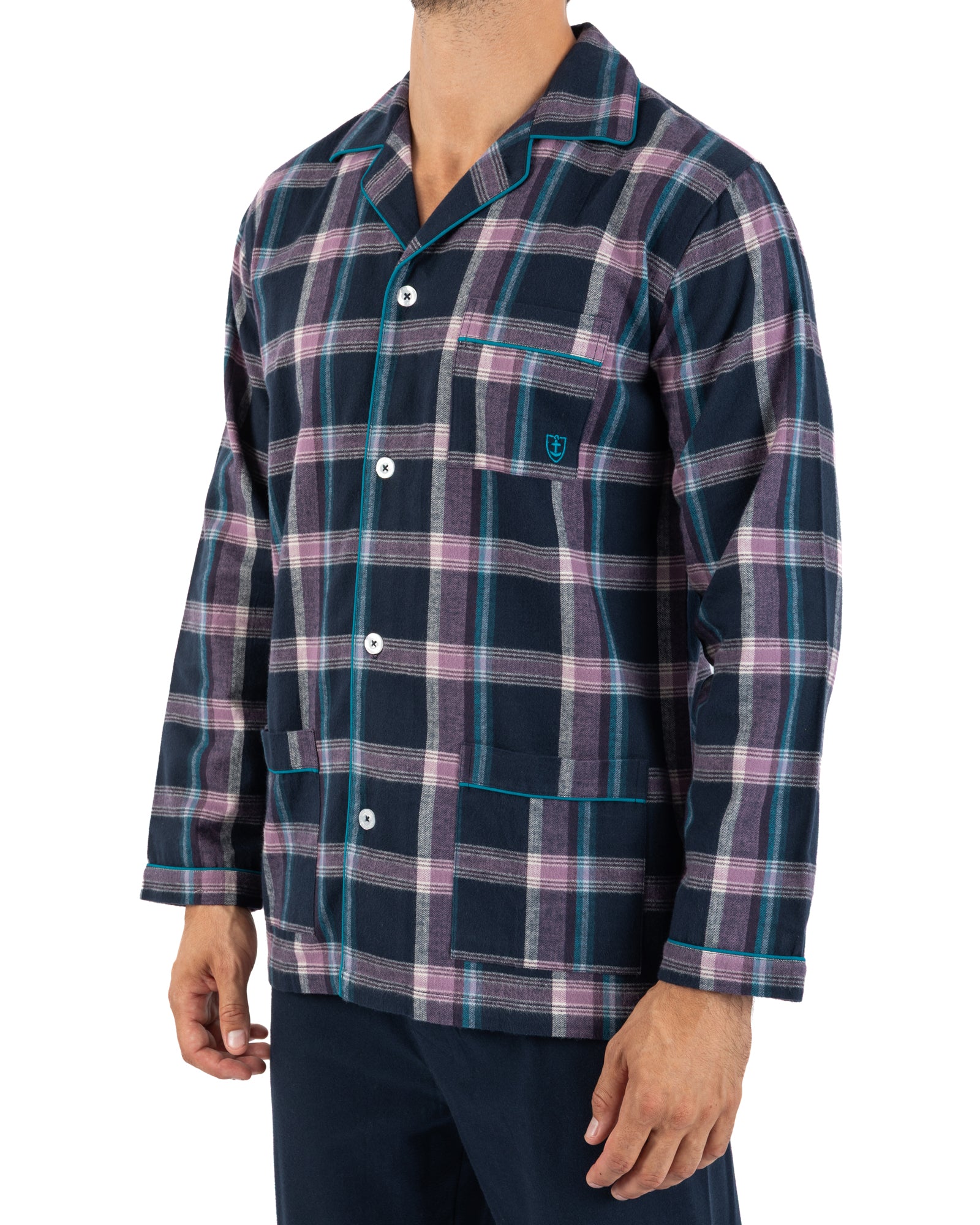Lange pyjama met open voorkant van puur gekamd katoenflanel met marineblauw ruitpatroon H422