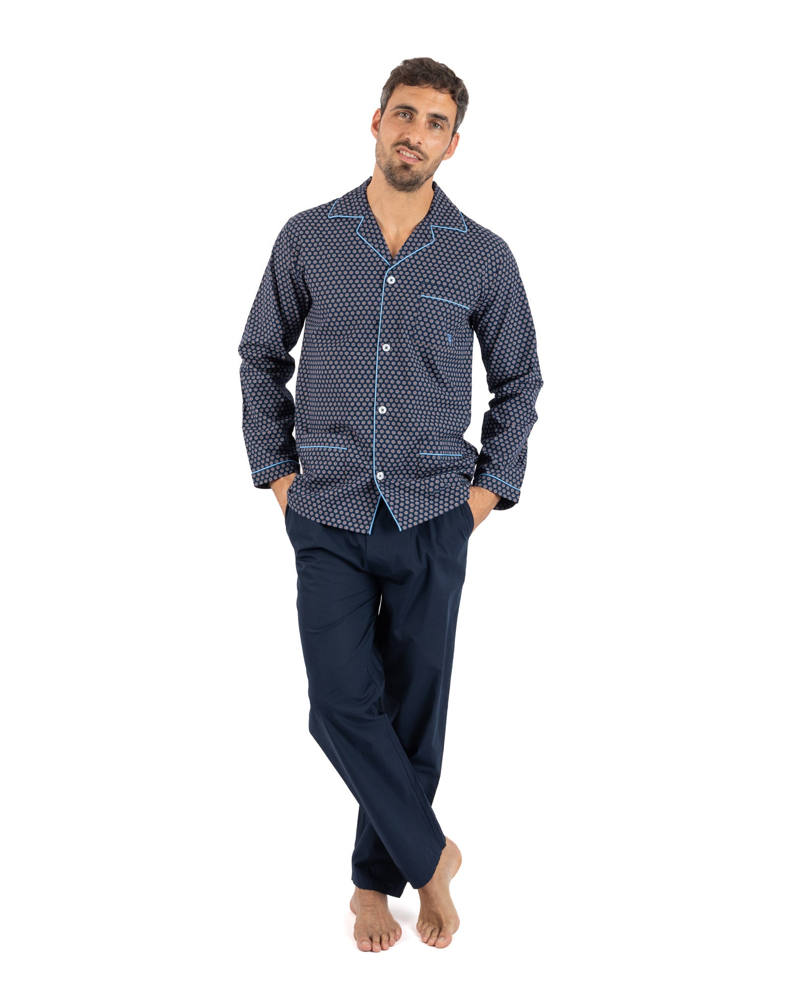 Lange open pyjama in zuiver gekamd katoen popeline ruit NAVY I476