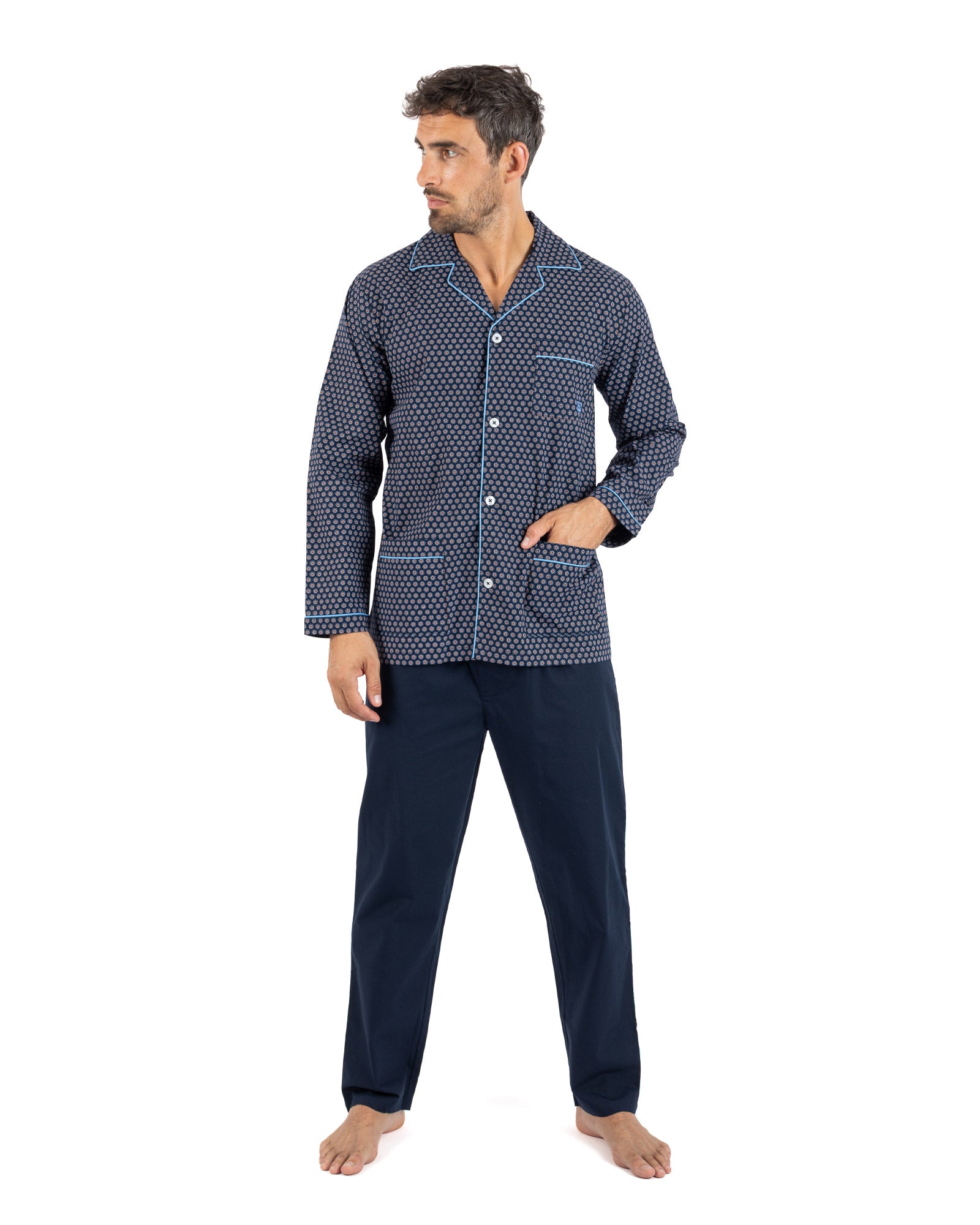 Lange open pyjama in zuiver gekamd katoen popeline ruit NAVY I476