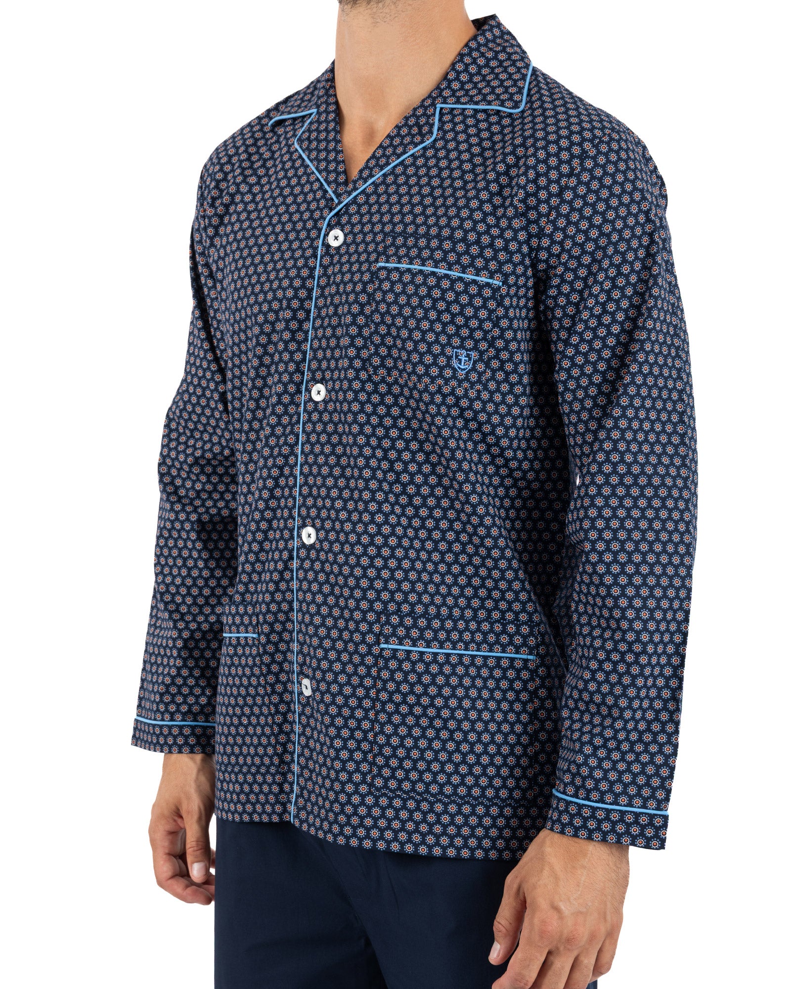 Lange open pyjama in zuiver gekamd katoen popeline ruit NAVY I476