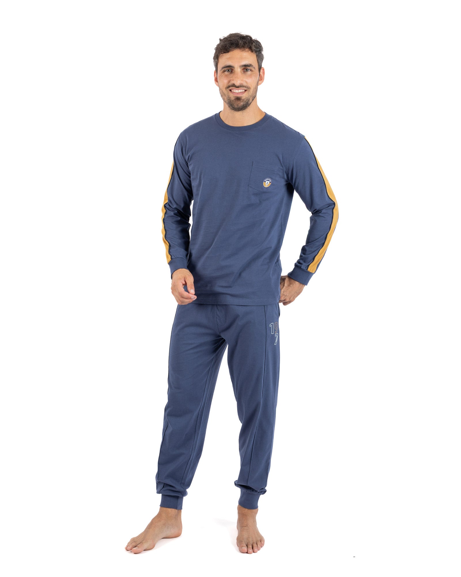 Lange herenpyjama met button-downkraag in gekamde katoenjersey Hemelsblauw en middernachtblauw I473