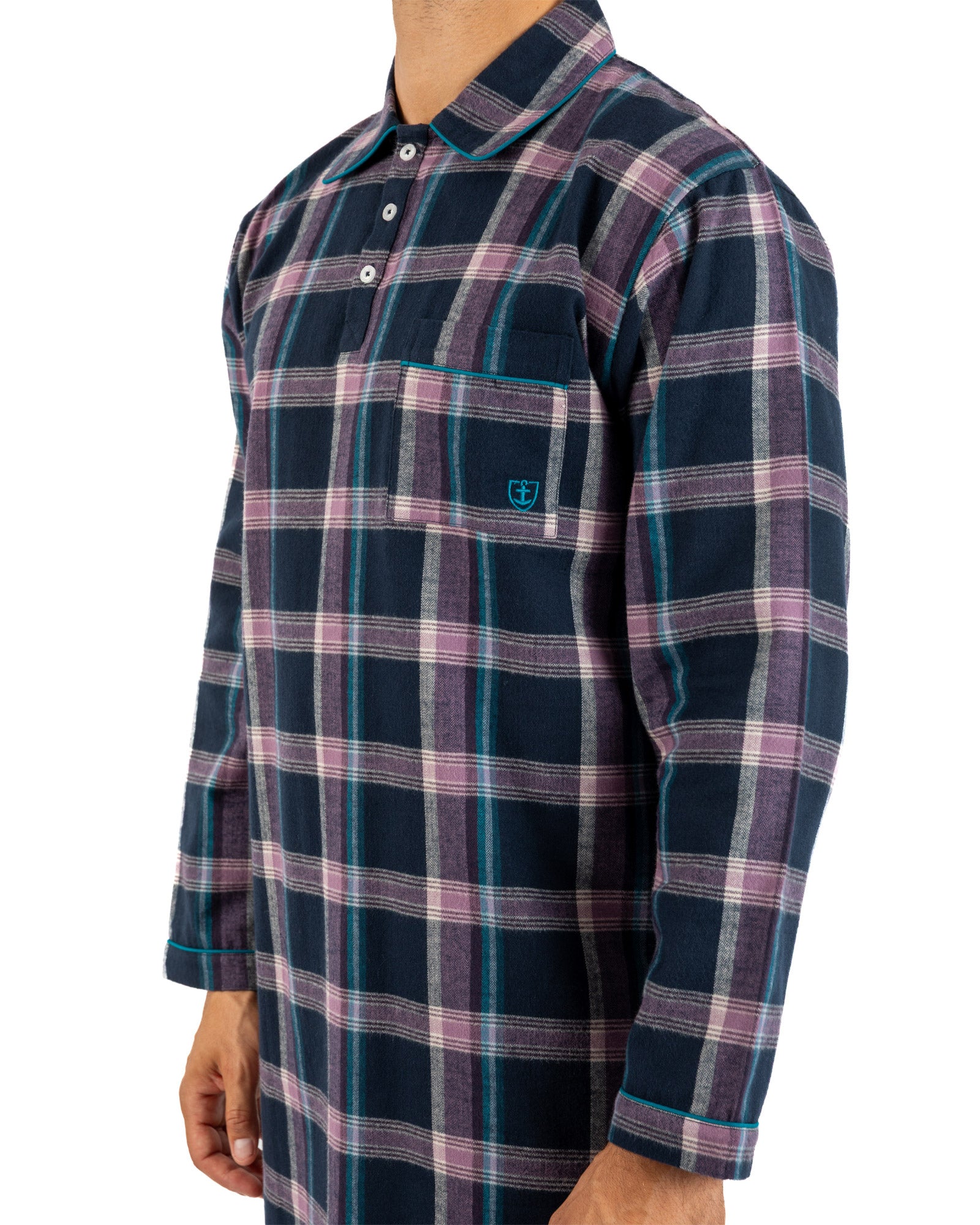 Slaapoverhemd Blauw gemerceriseerd katoen Jersey lange kraag