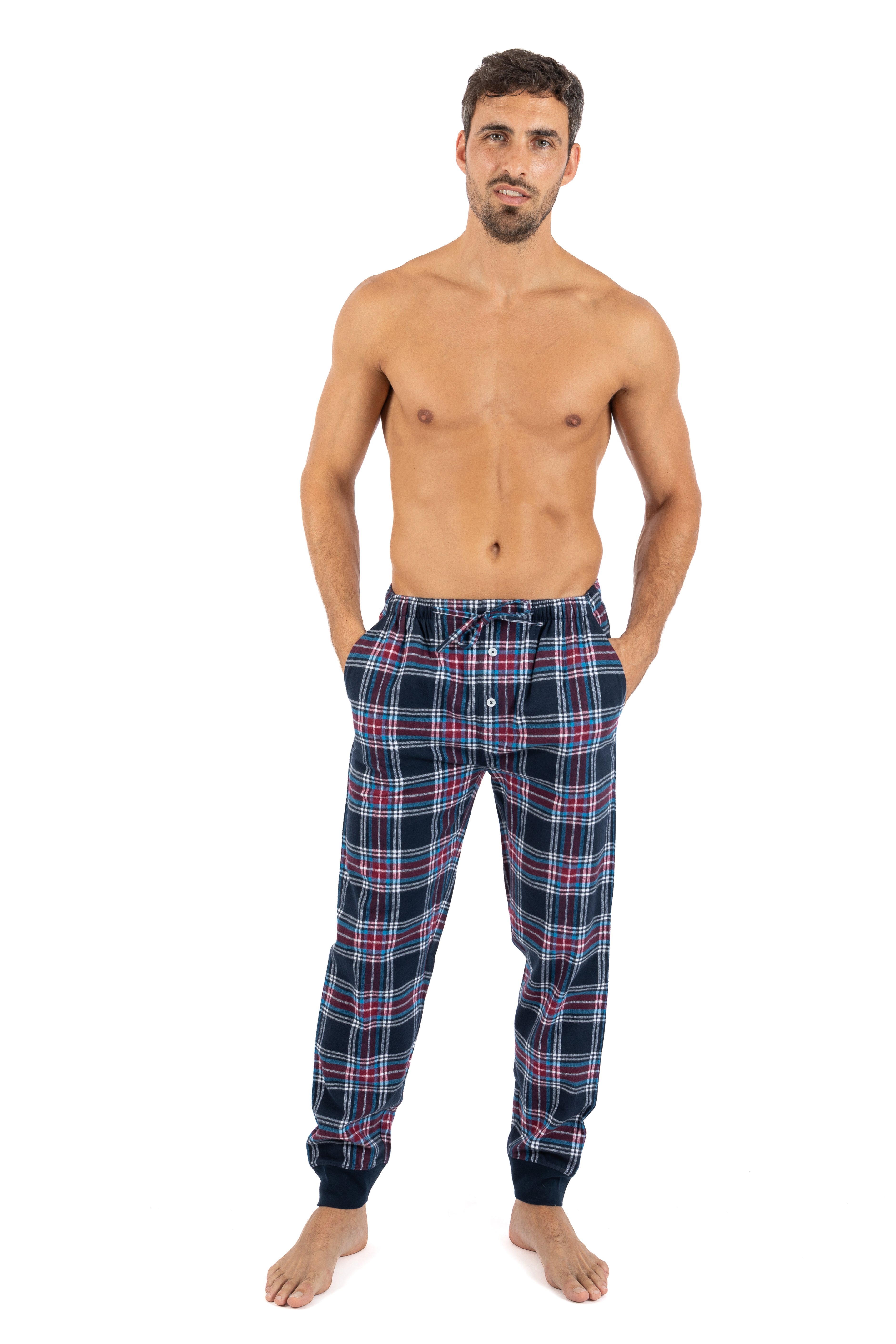 Pure Cotton Scottish Check Flannel Indoor Trousers Navy Blue