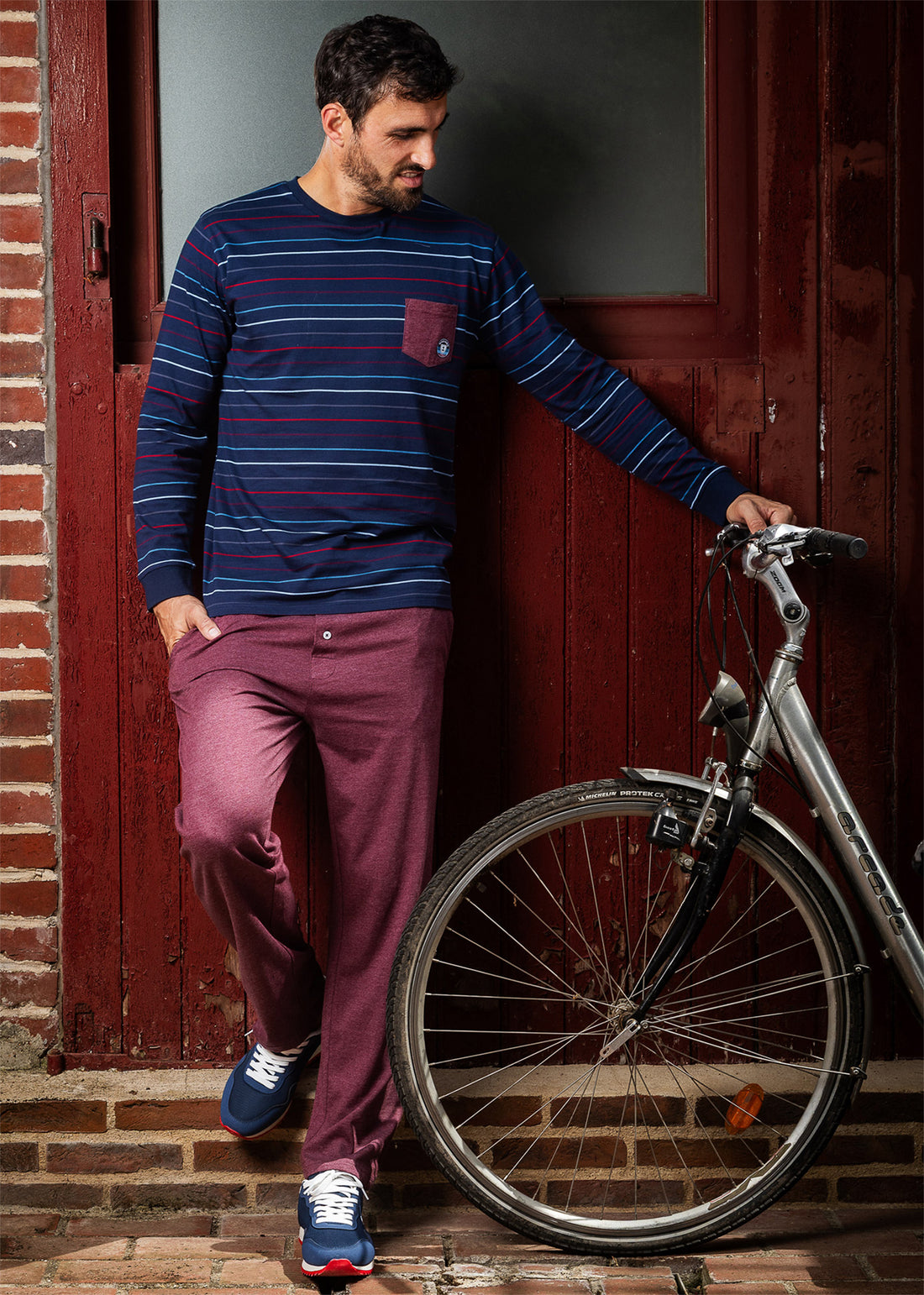 Pyjama homme long Col rond en Jersey Pur Coton rayé Marine H411