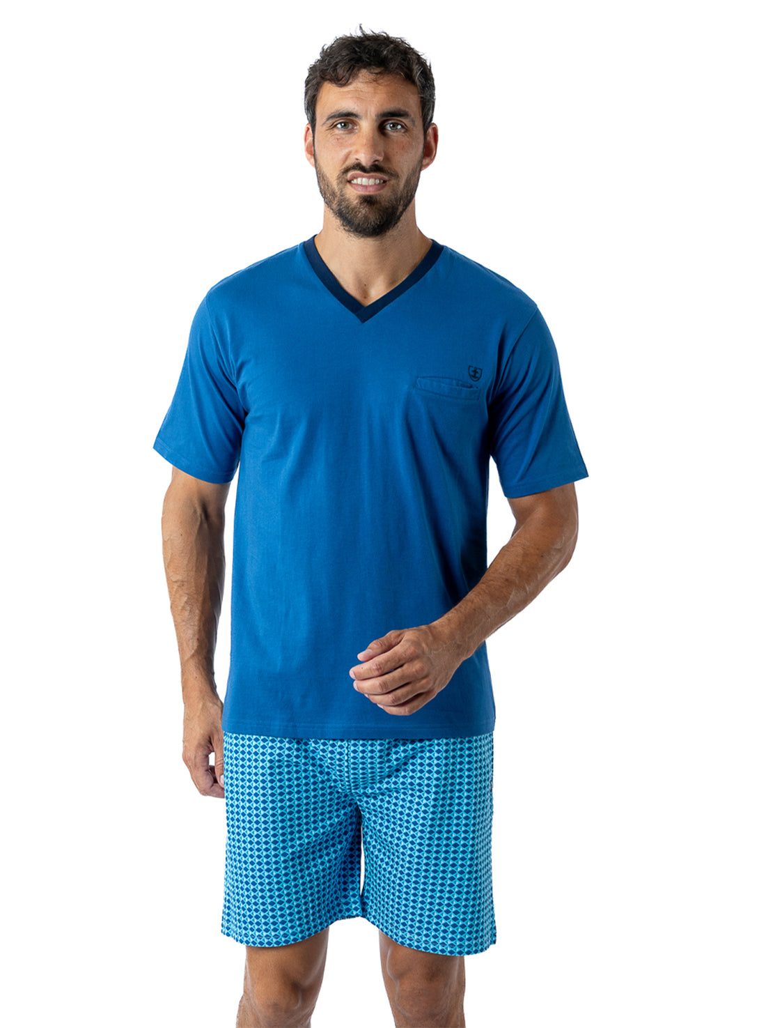 Pyjacourt Homme Col V en jersey de Coton imprimé graphique Indigo H504