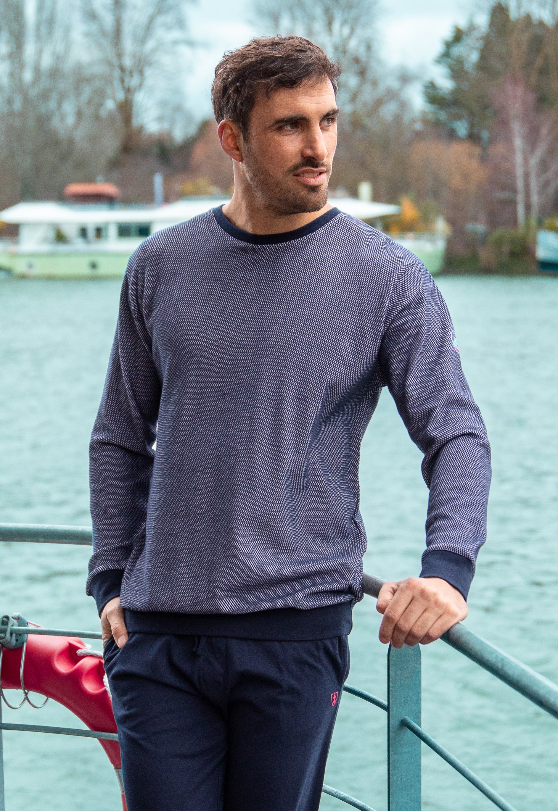 Round Neck Pajamas in Navy Piqué Knit Cotton Jersey