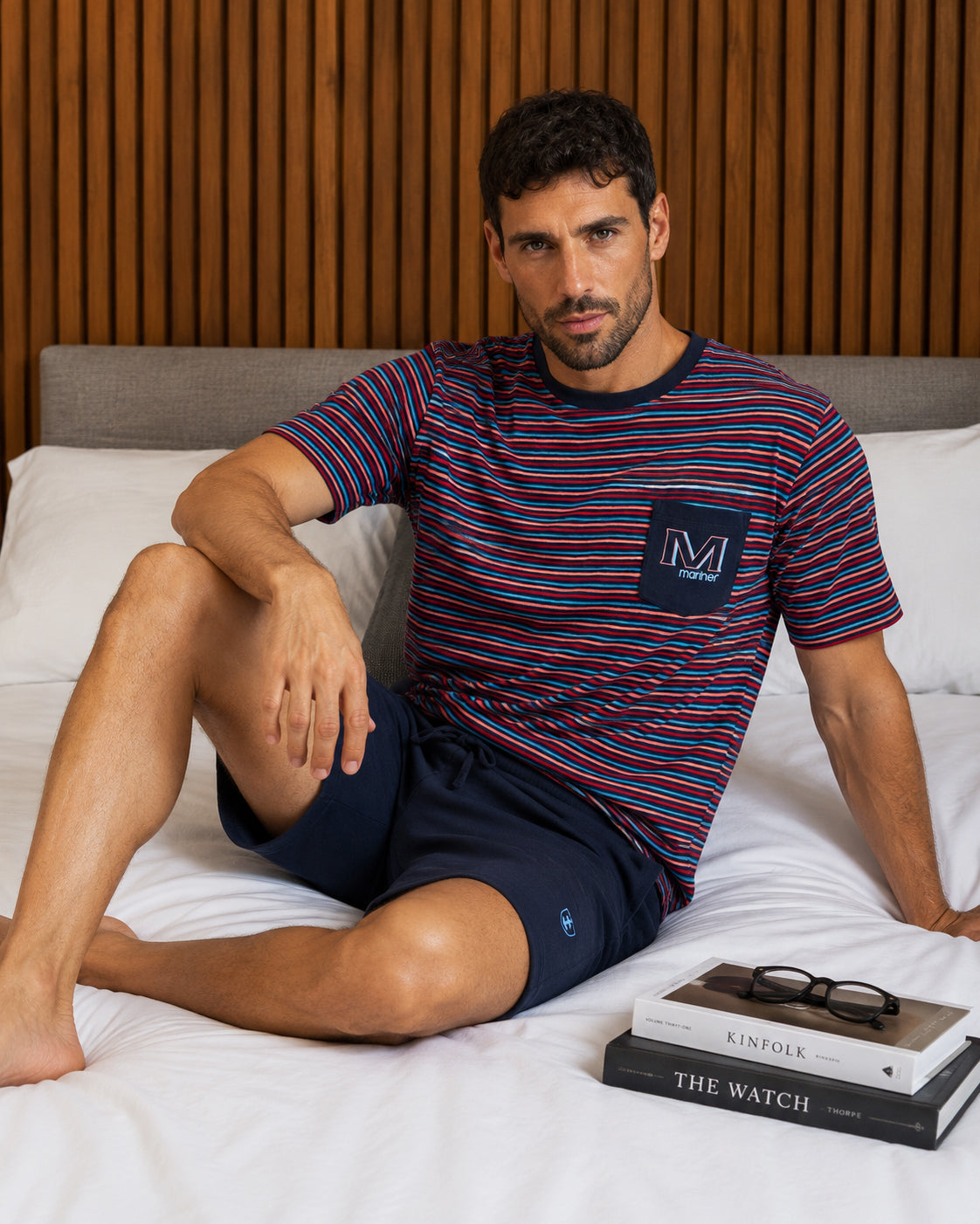 Pyjamashort voor heren in katoenjersey met ronde hals Navy I528