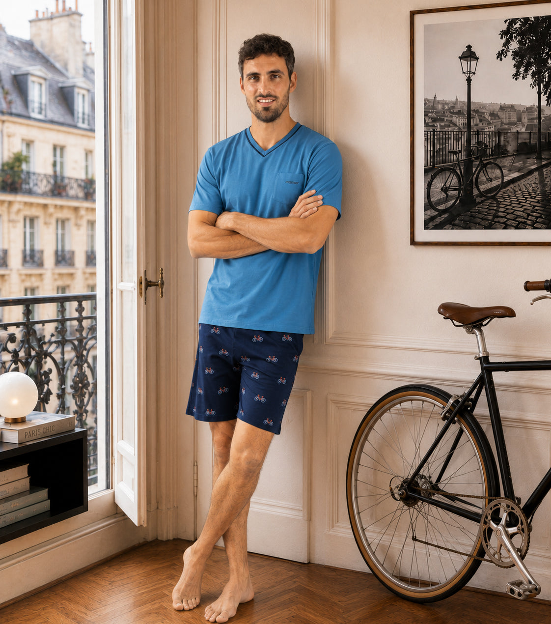 Pyjamashort voor heren in katoenjersey met ronde hals Navy I528