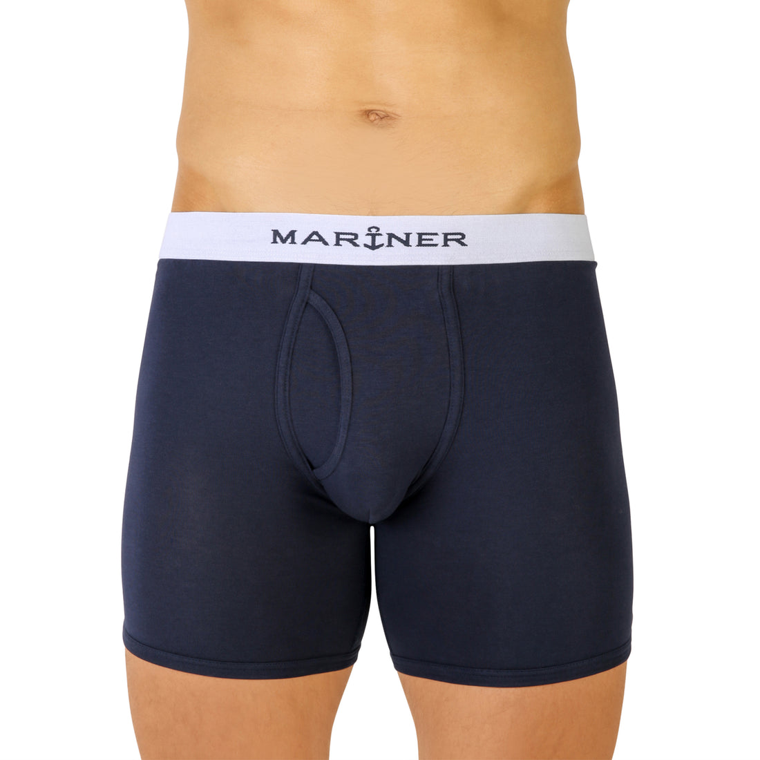 Shorty long ouvert bleu marine, vue de face, en coton stretch pour un confort optimal.