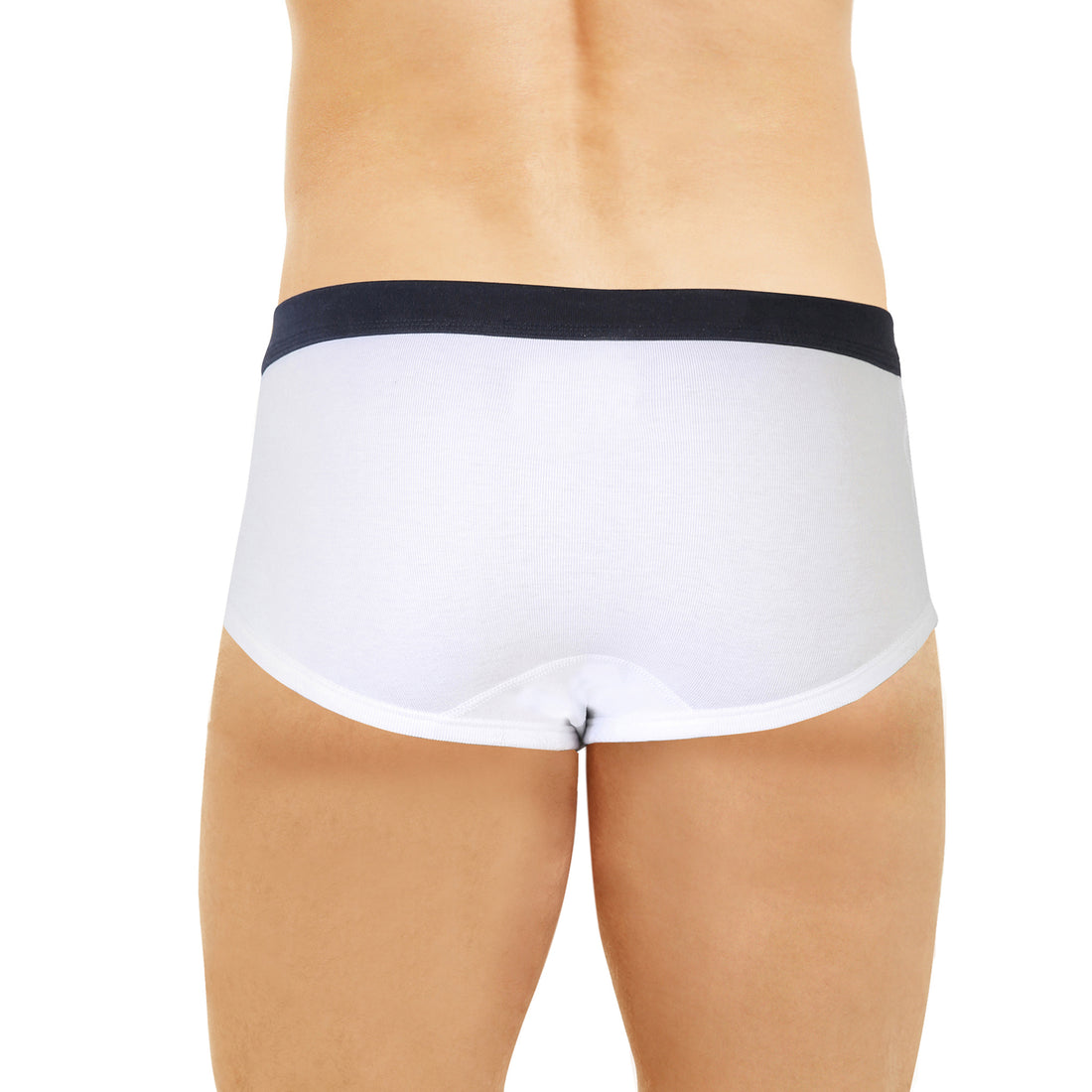 Homme portant un slip taille haute ouvert blanc avec ceinture marine, vue de dos.