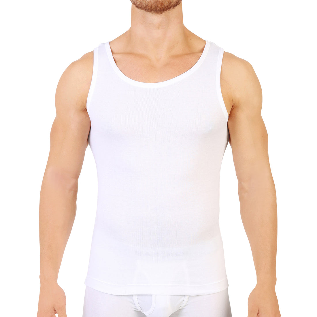 Débardeur blanc homme confortable en 100% coton, vue de face.