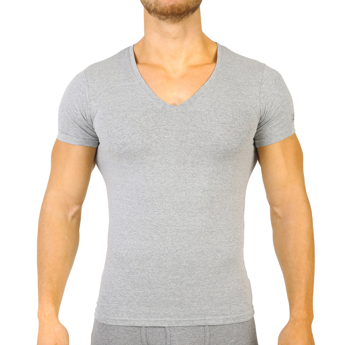 T-shirt col V Coton Stretch Gris Chiné