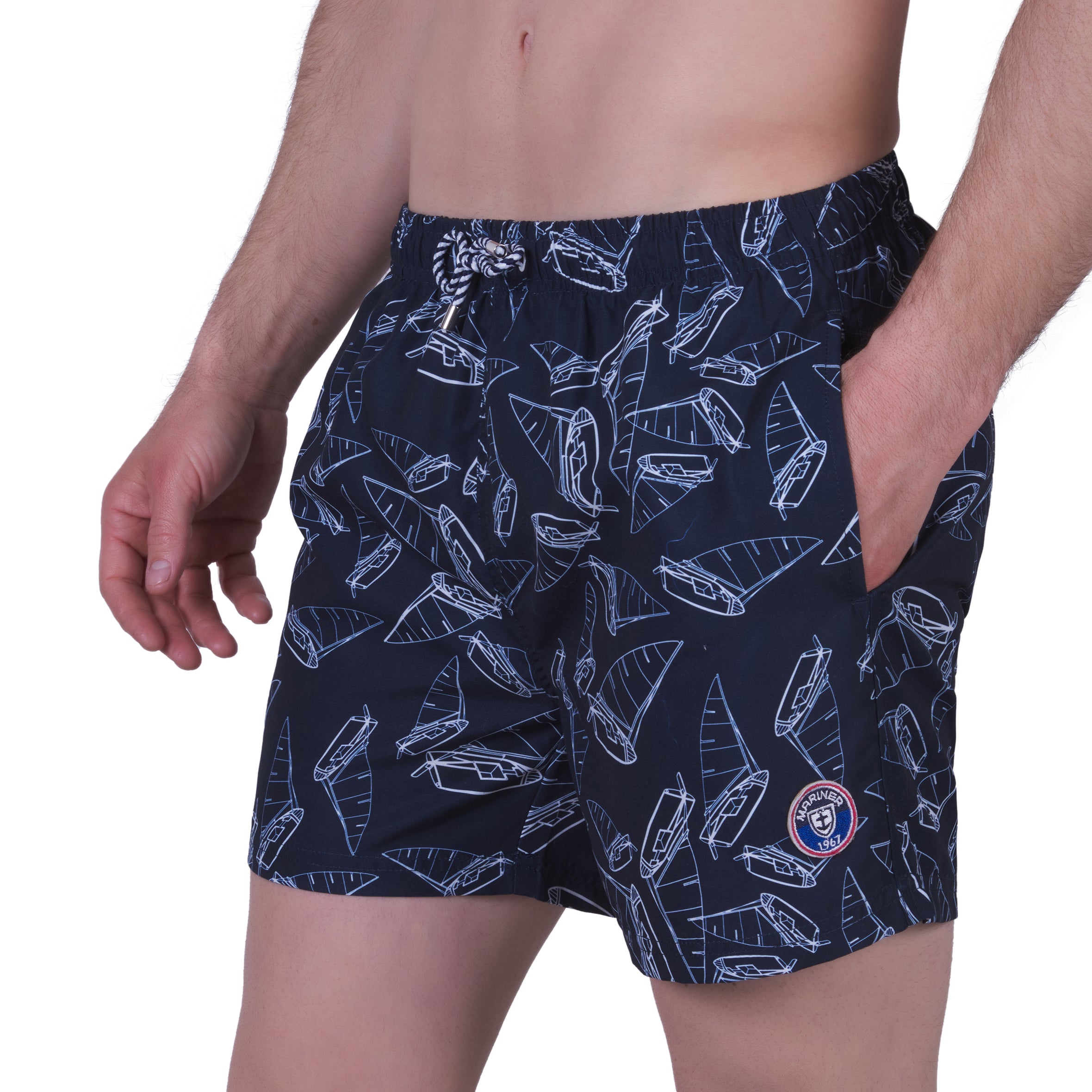 Printed swim shorts with mesh lining, NAVY. With travel pouch!