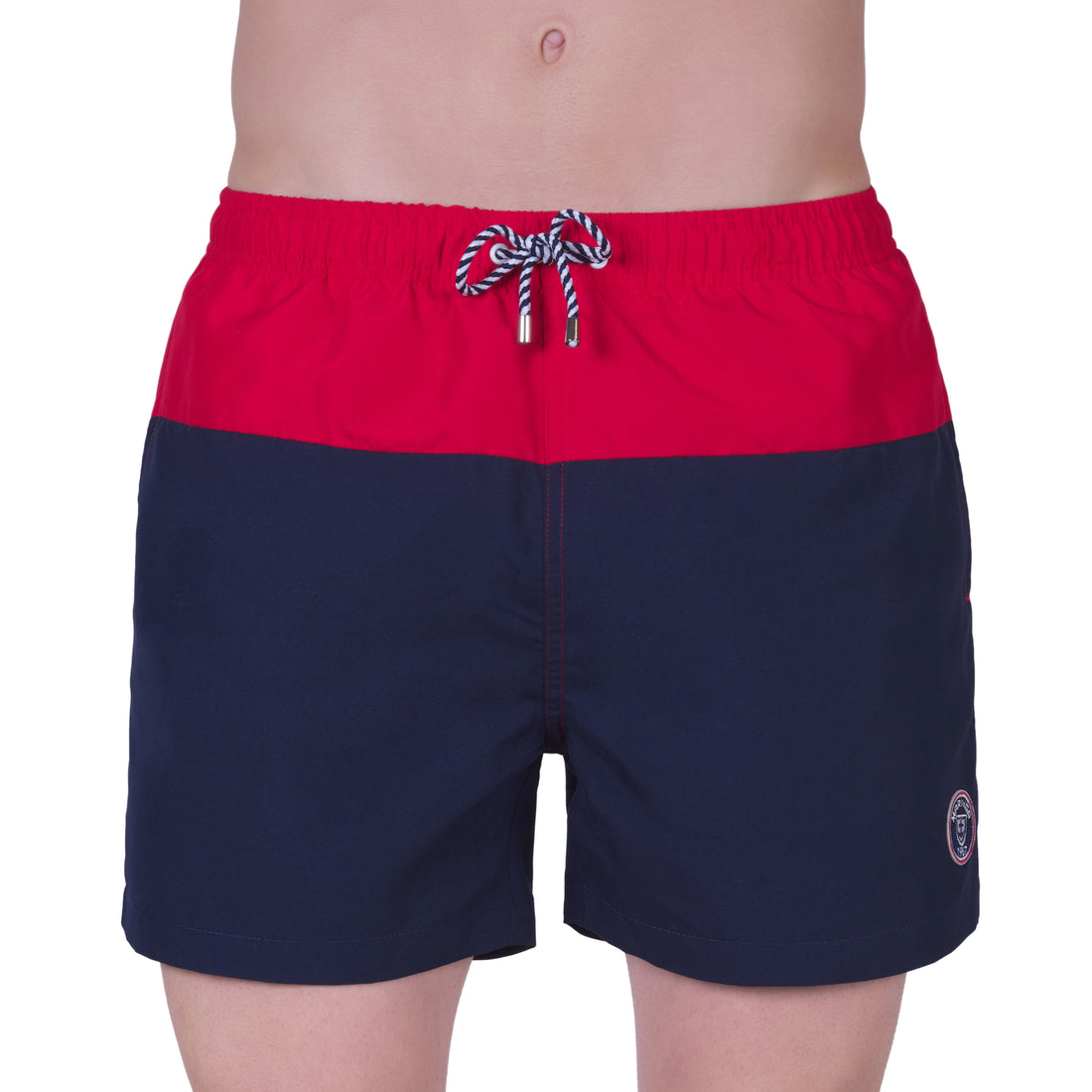 Short de bain bicolore avec doublure filet , MARINE et ROUGE. Avec pochon de voyage ! 920