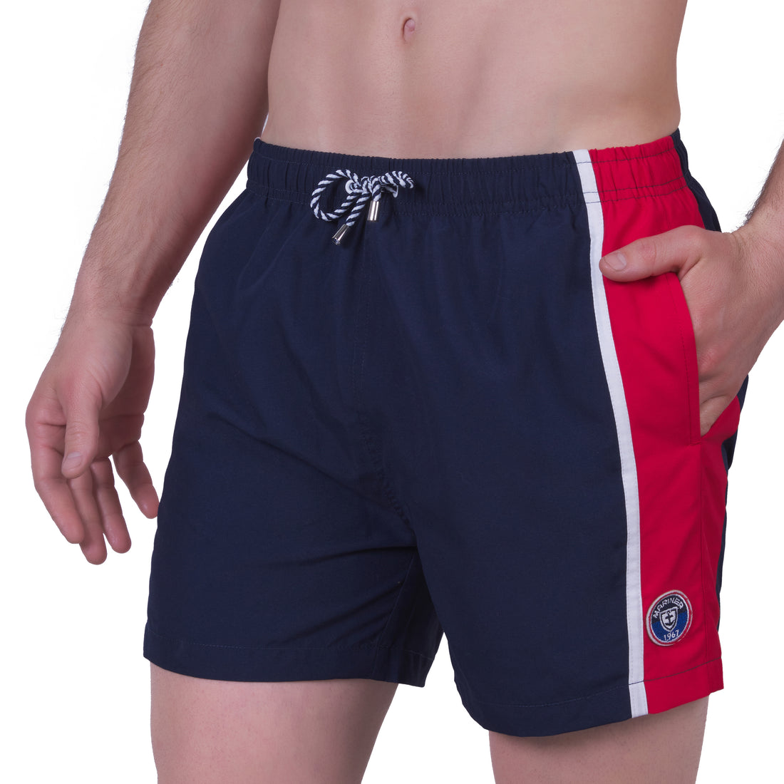 Short de bain bicolore avec doublure filet , MARINE et ROUGE.  Avec pochon de voyage ! 921