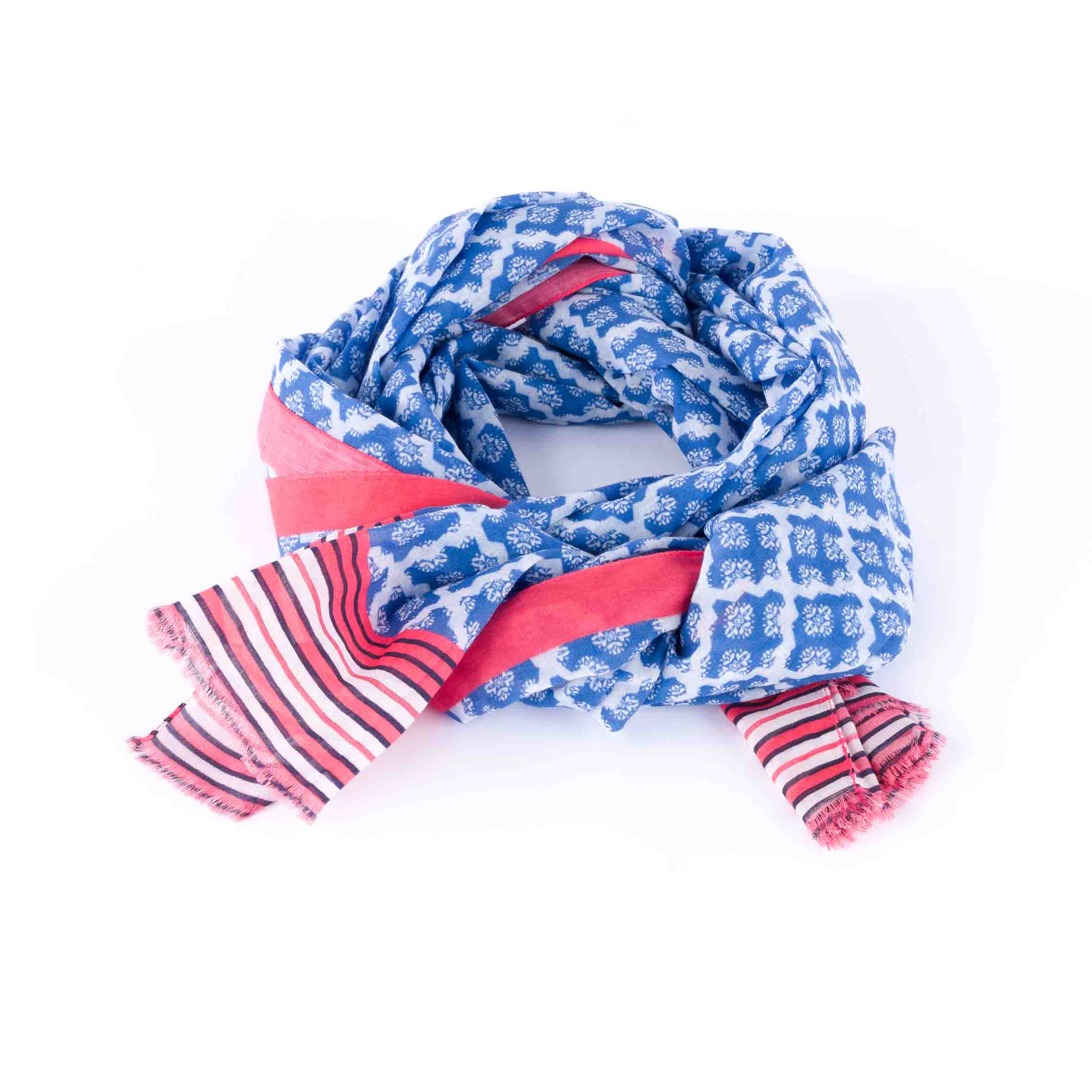 Indigo Blue and Coral Cotton Voile Scarf