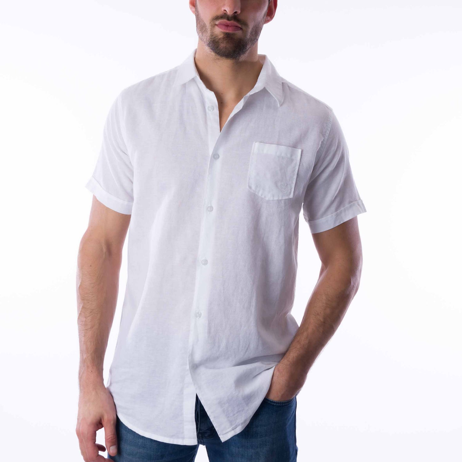 White Cotton and Linen Short Sleeve Shirt