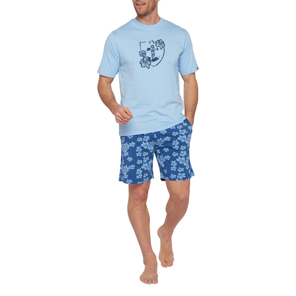 Korte pyjama met ronde kraag in marinegekamd katoenjersey en blauw