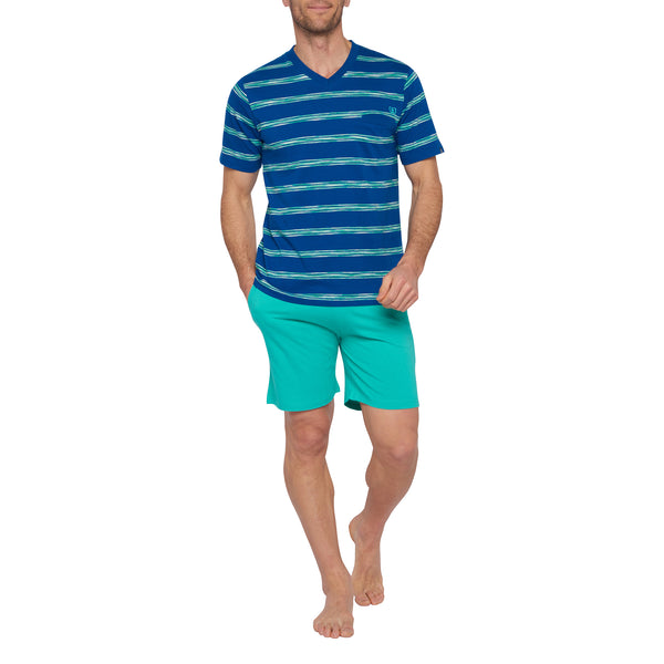 Korte pyjama met ronde kraag in marinegekamd katoenjersey en blauw