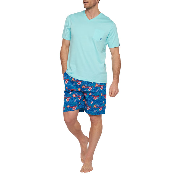 Korte Pyjama in Gekamd Katoen Jersey en Poplin Blauwe Tegels
