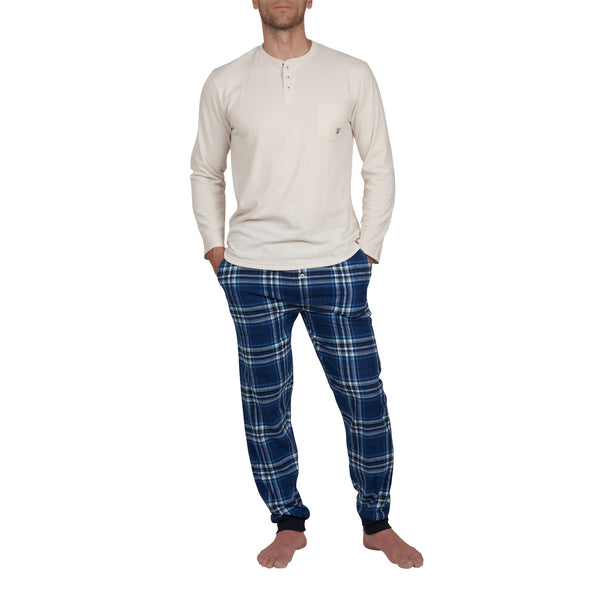 Pyjama en Flanelle Carreaux et Jersey Pur Coton Marine et Ecru