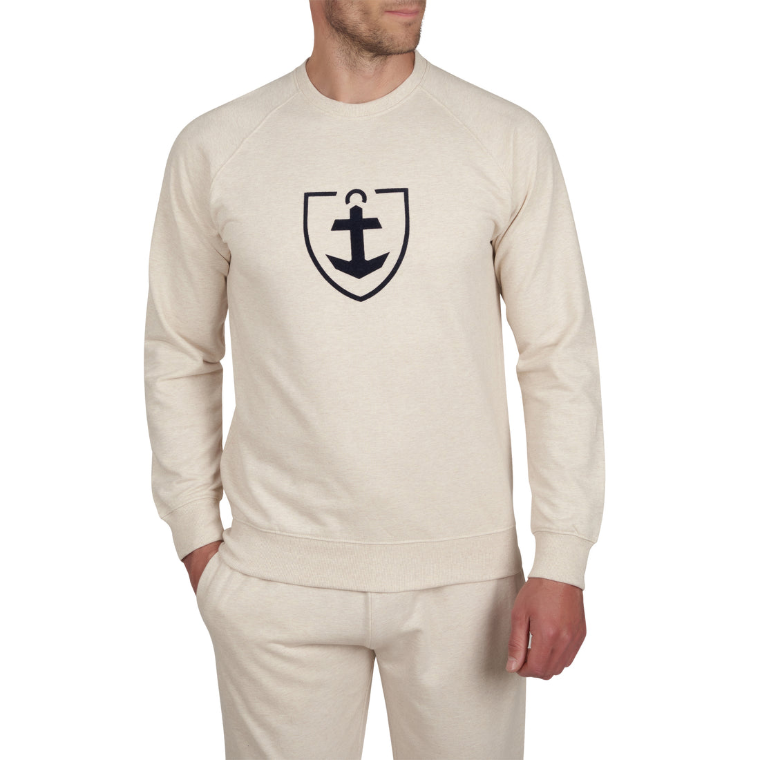 Sweatshirt Col Rond en Molleton Pur Coton ECRU Chiné B814