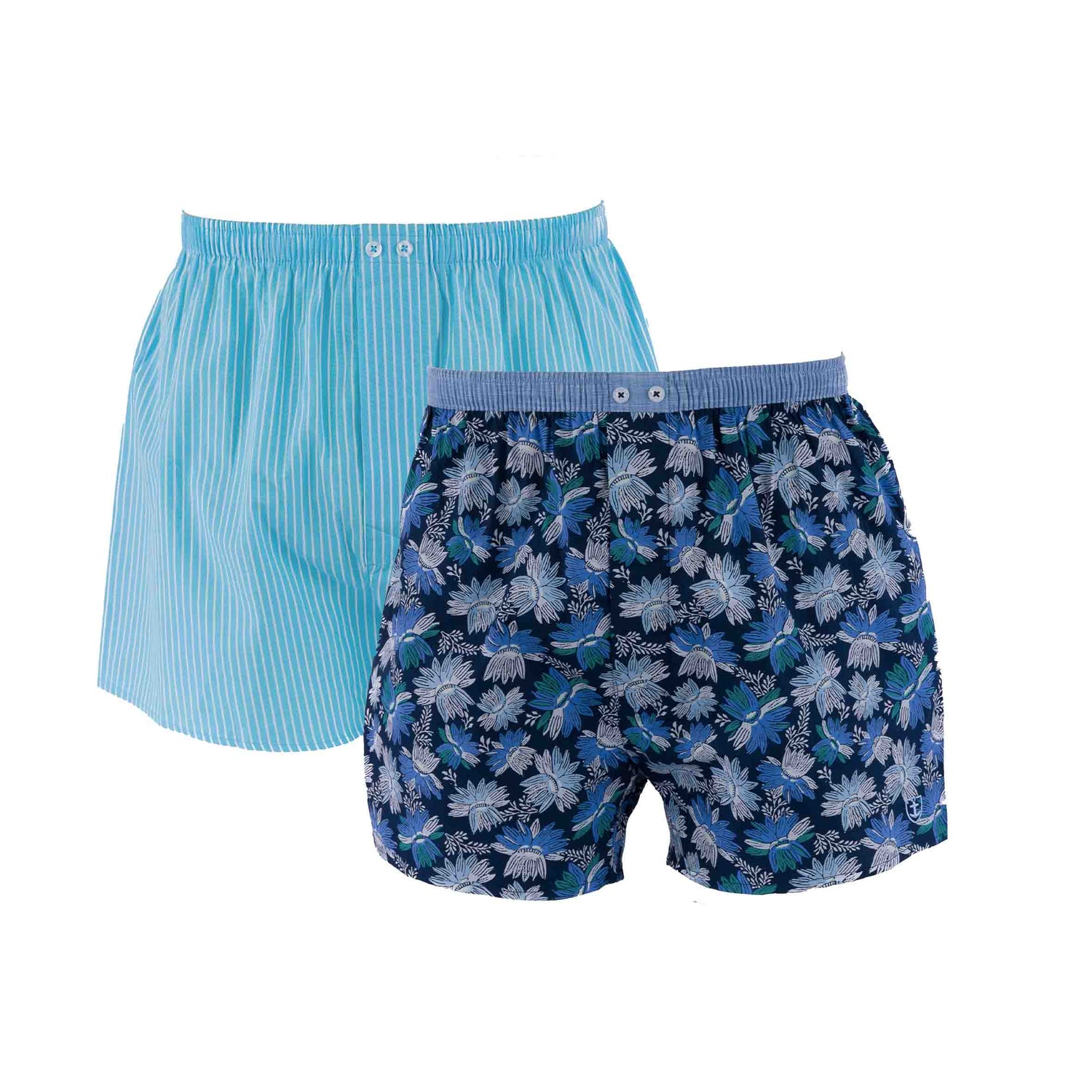 Pack of 2 Pure Cotton Poplin Boxer Shorts in Navy Blue and Lagoon