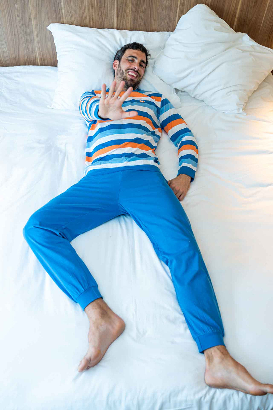Pyjama Forme Jogging en Jersey de Coton Rayé Bleu Indigo