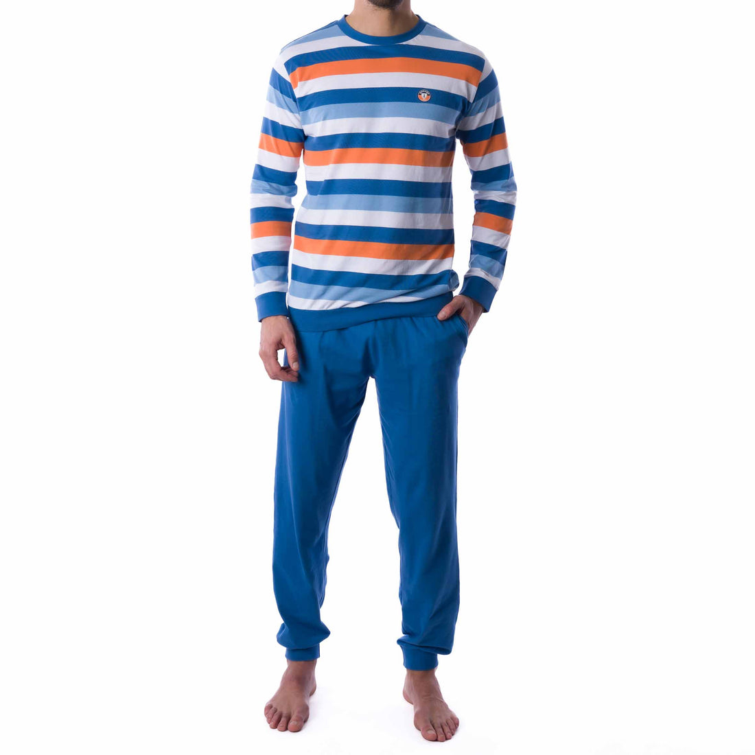 Pyjama Forme Jogging en Jersey de Coton Rayé Bleu Indigo