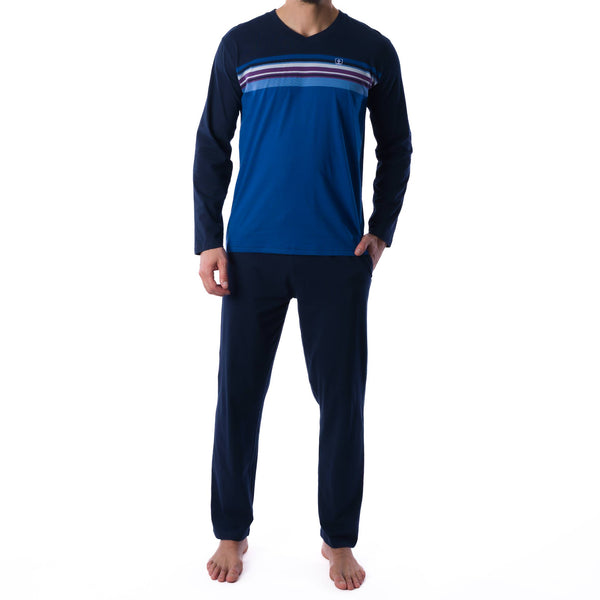Pyjama Col V en Jersey de Coton Rayé Bleu Marine