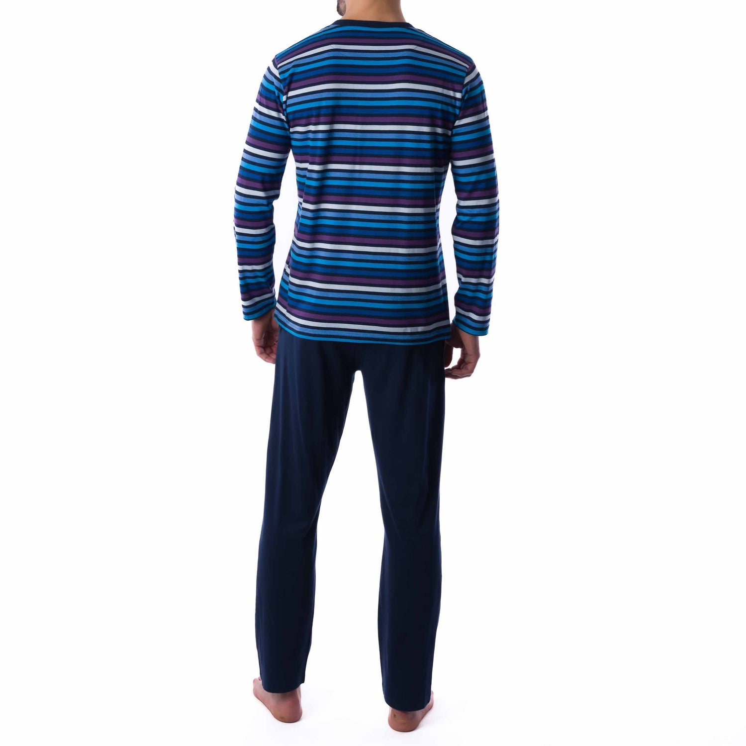 Pyjama Col Boutonné en Jersey de Coton Rayé Bleu Marine