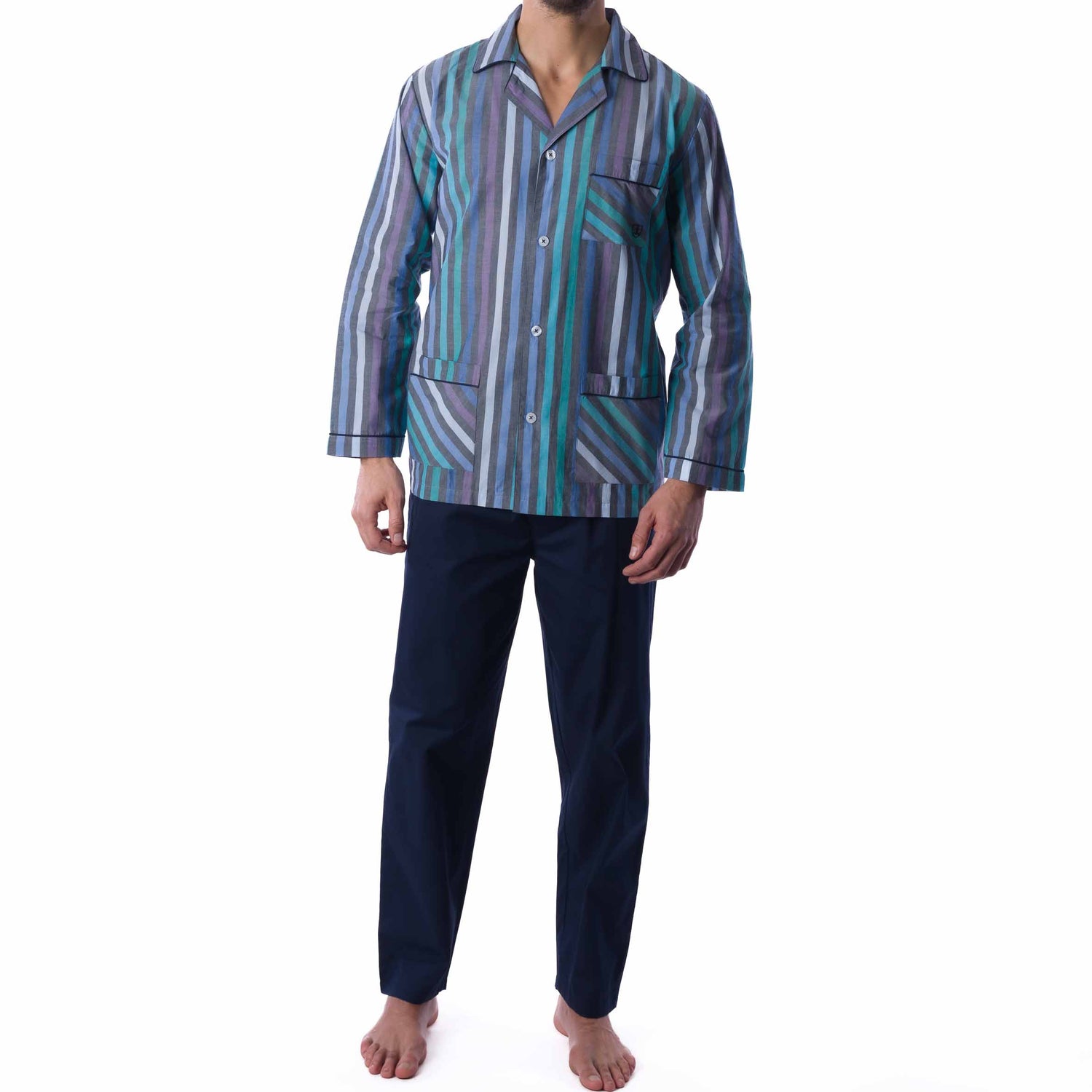Pyjama long ouvert en popeline Pur Coton Rayée Marine