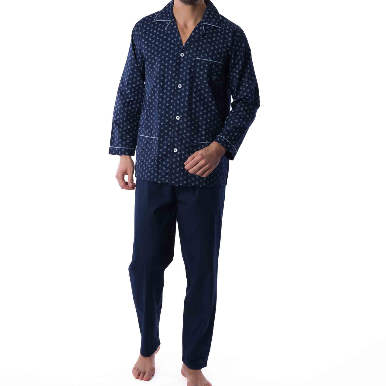 Pyjama long ouvert en popeline Pur Coton imprimée Marine