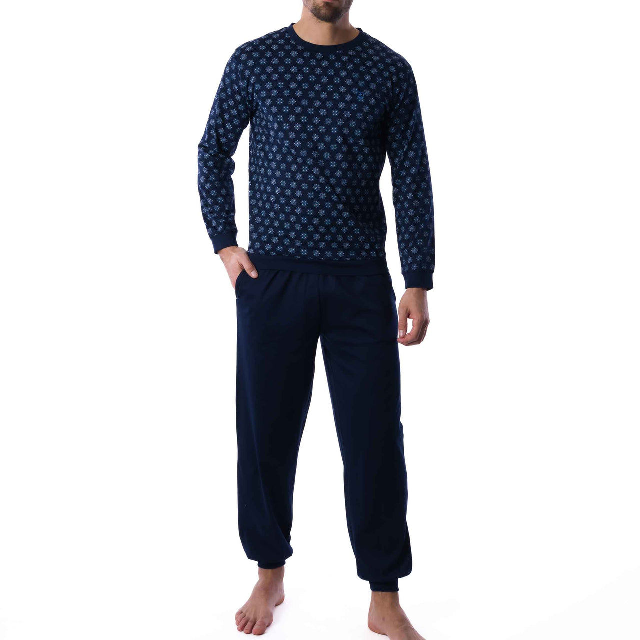 Pyjama Forme Jogging en Jersey de Coton Mercerisé Imprimé Bleu Marine
