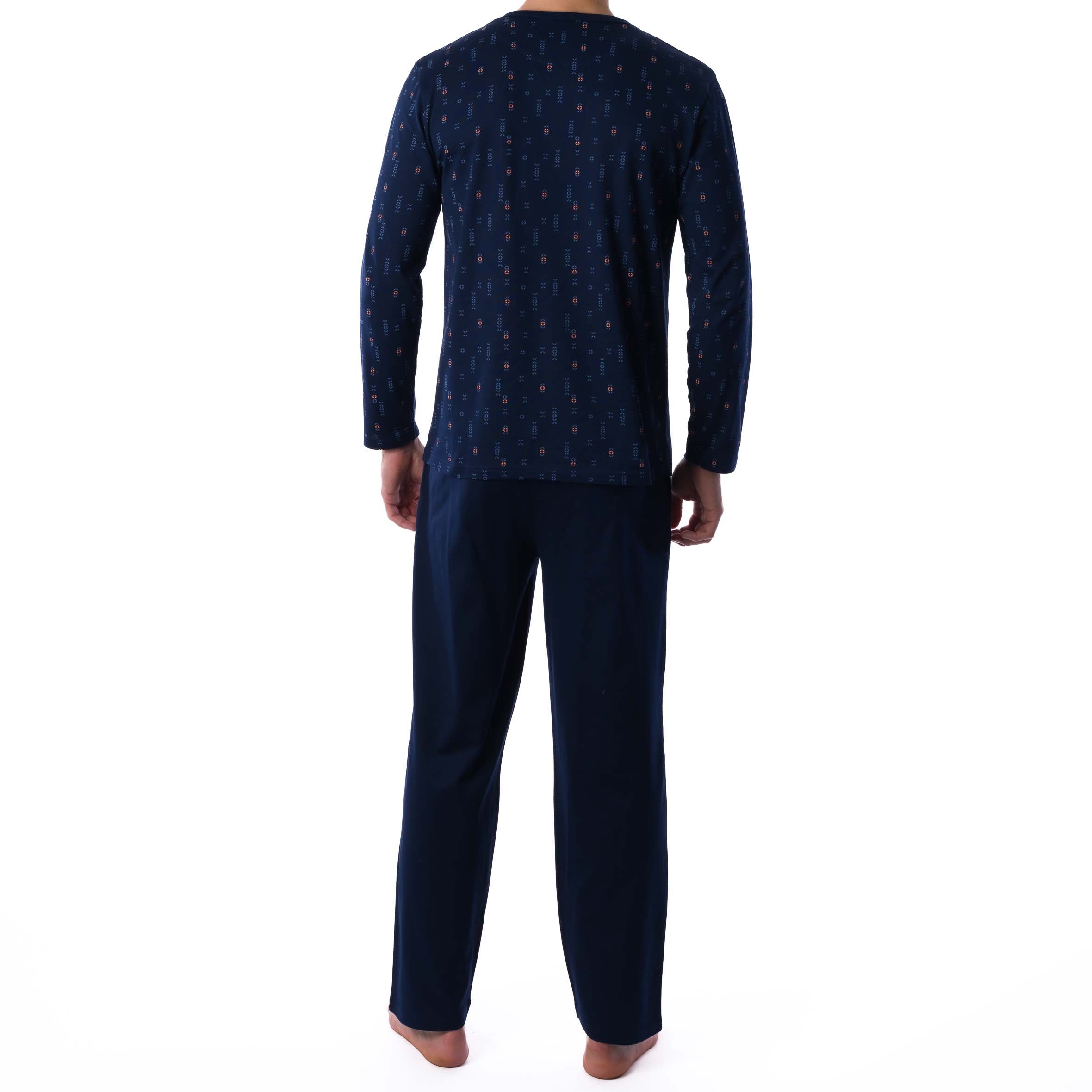 Buttoned Collar Pajamas in Navy Blue Printed Mercerized Cotton Jersey