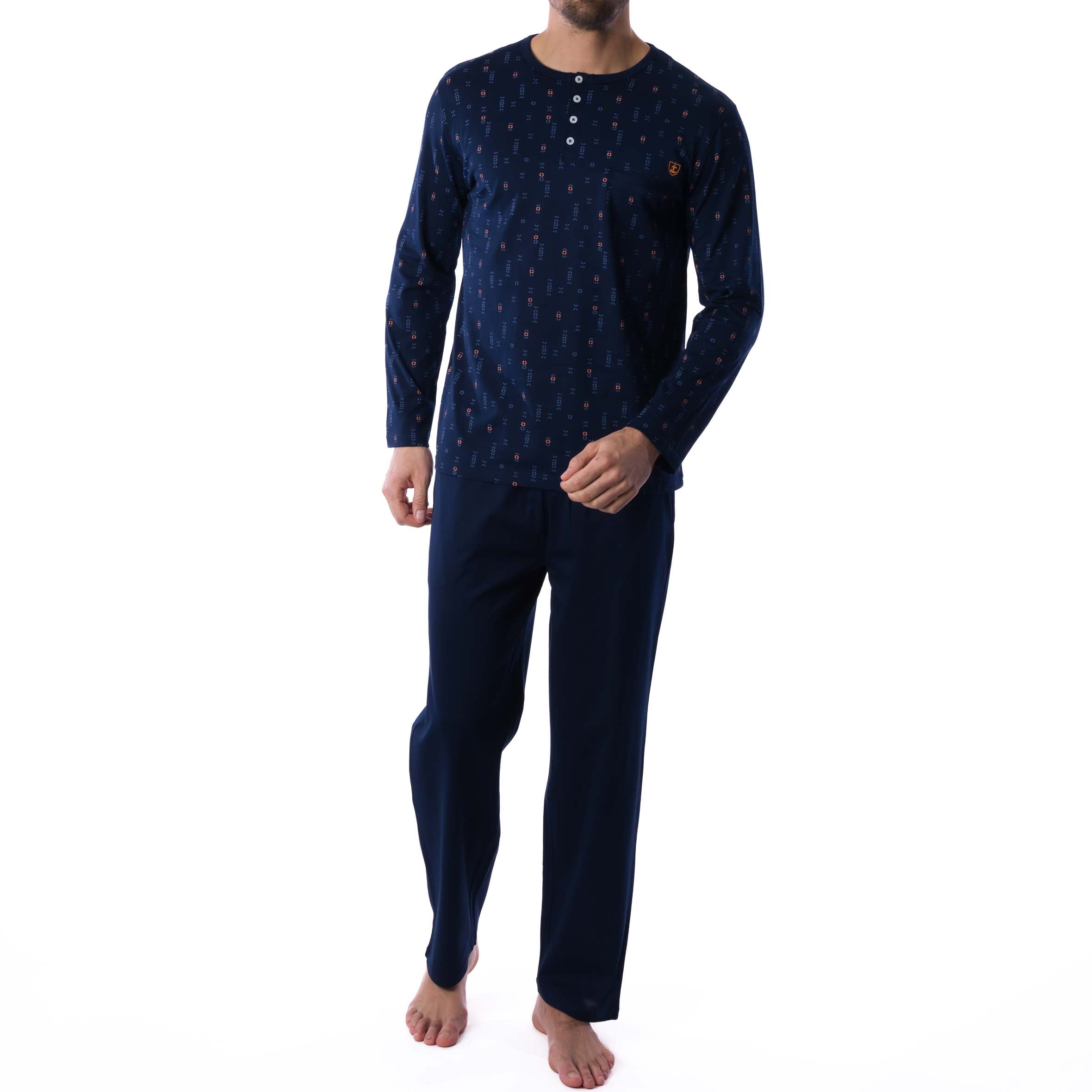 Buttoned Collar Pajamas in Navy Blue Printed Mercerized Cotton Jersey
